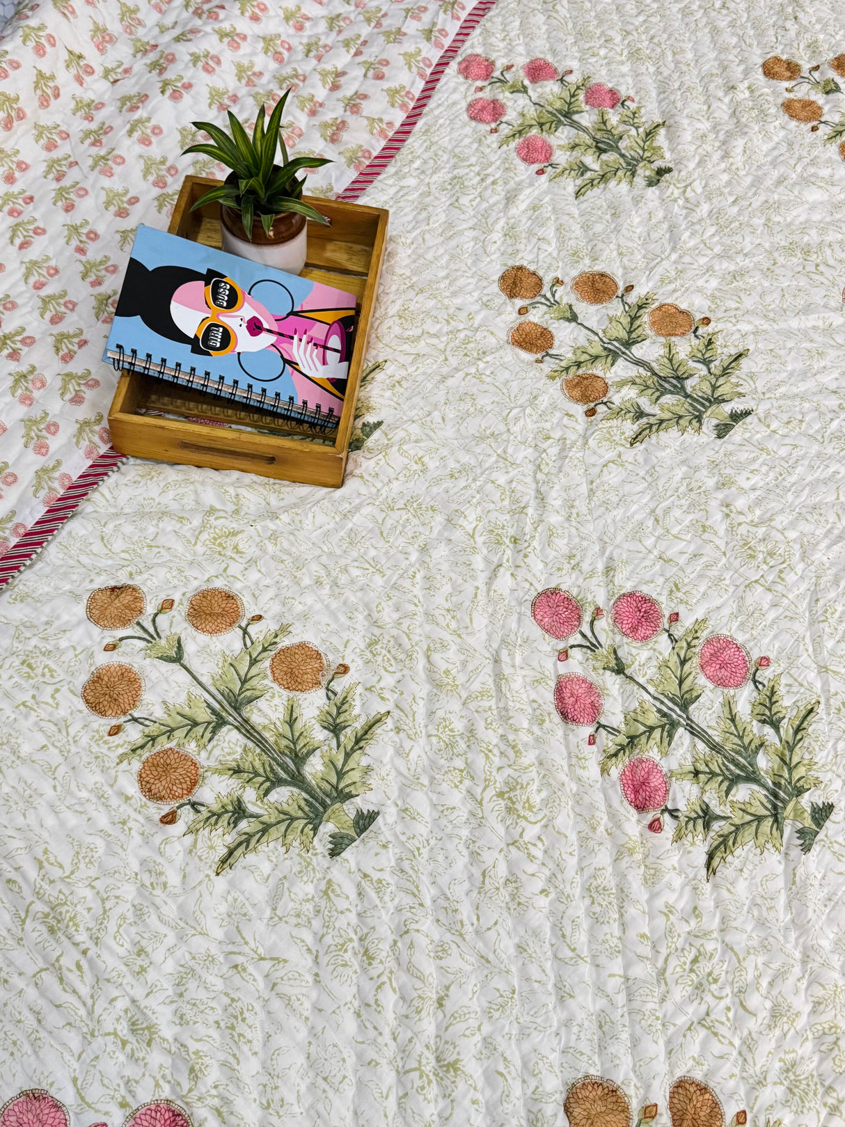 Floral HandBlock Printed Mulmul Reversible King Size Quilt