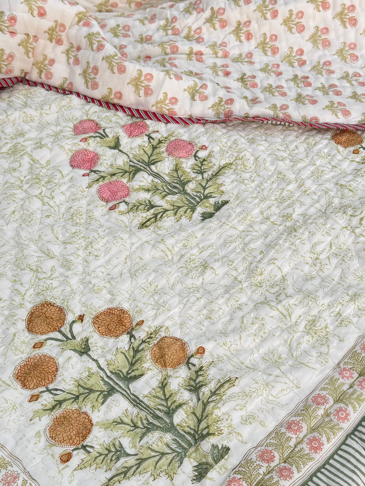 Floral HandBlock Printed Mulmul Reversible King Size Quilt