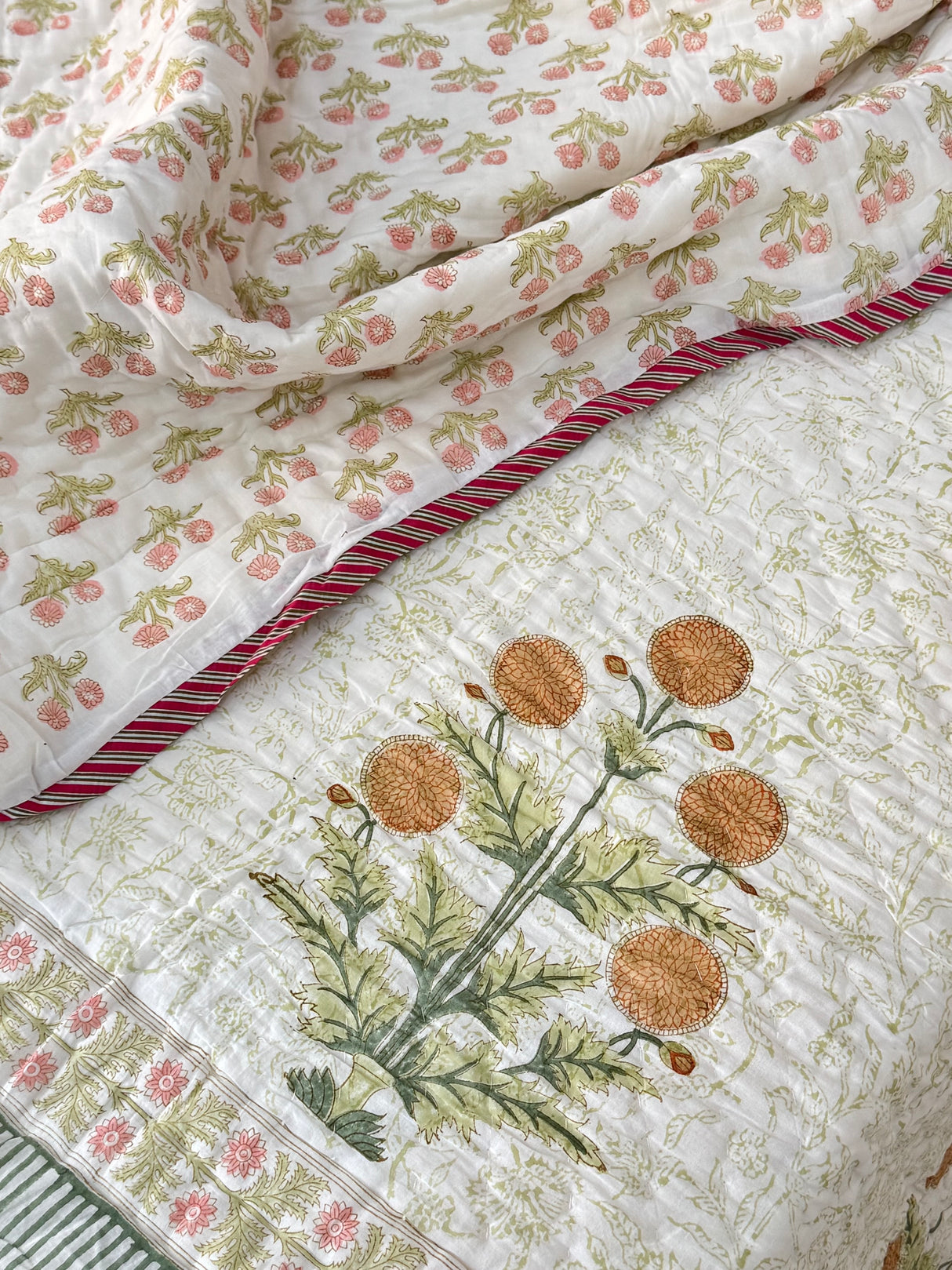 Floral HandBlock Printed Mulmul Reversible King Size Quilt
