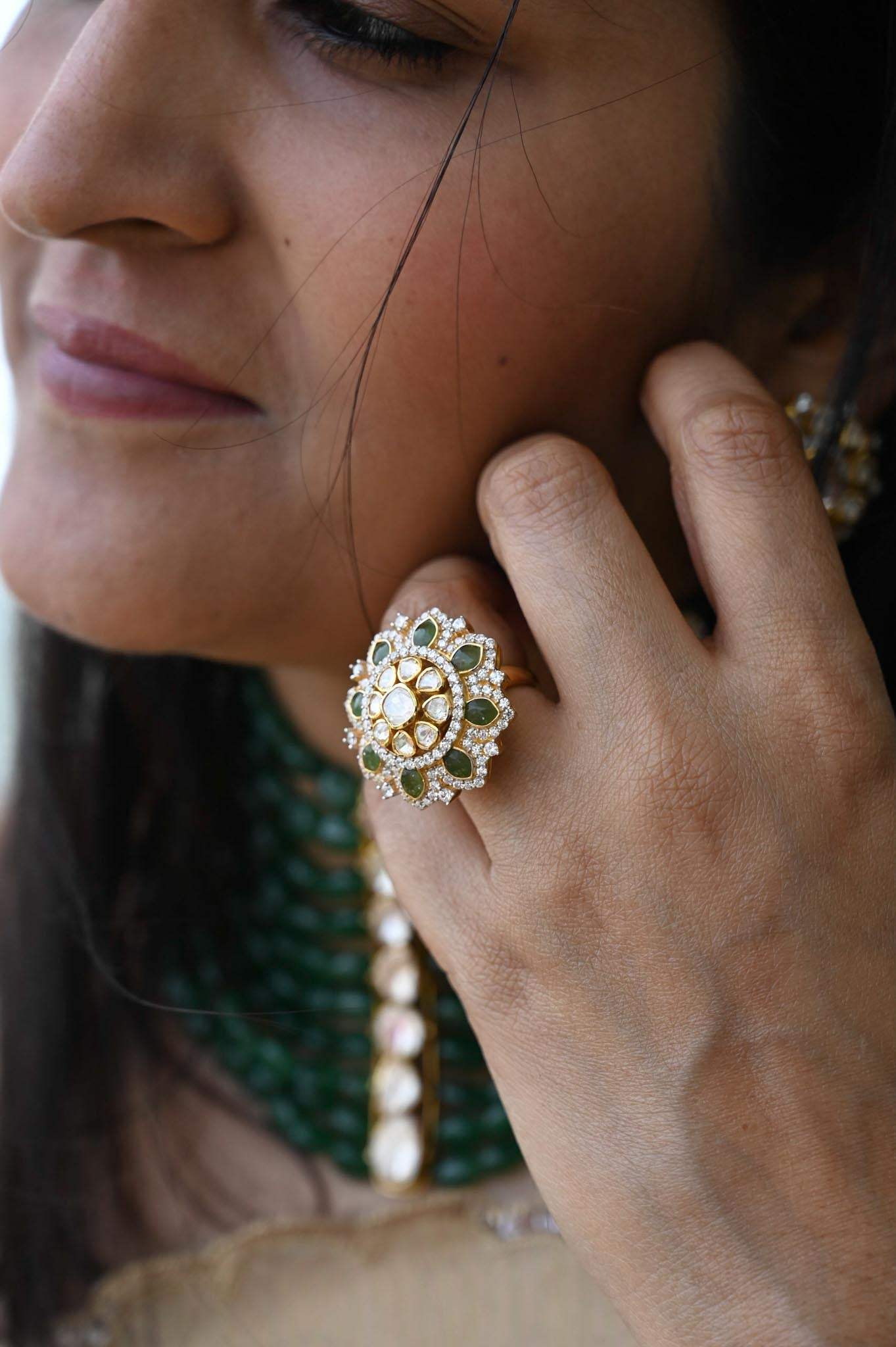 Handcrafted Adjustable 92.5 Silver Ring with Moissanite polki