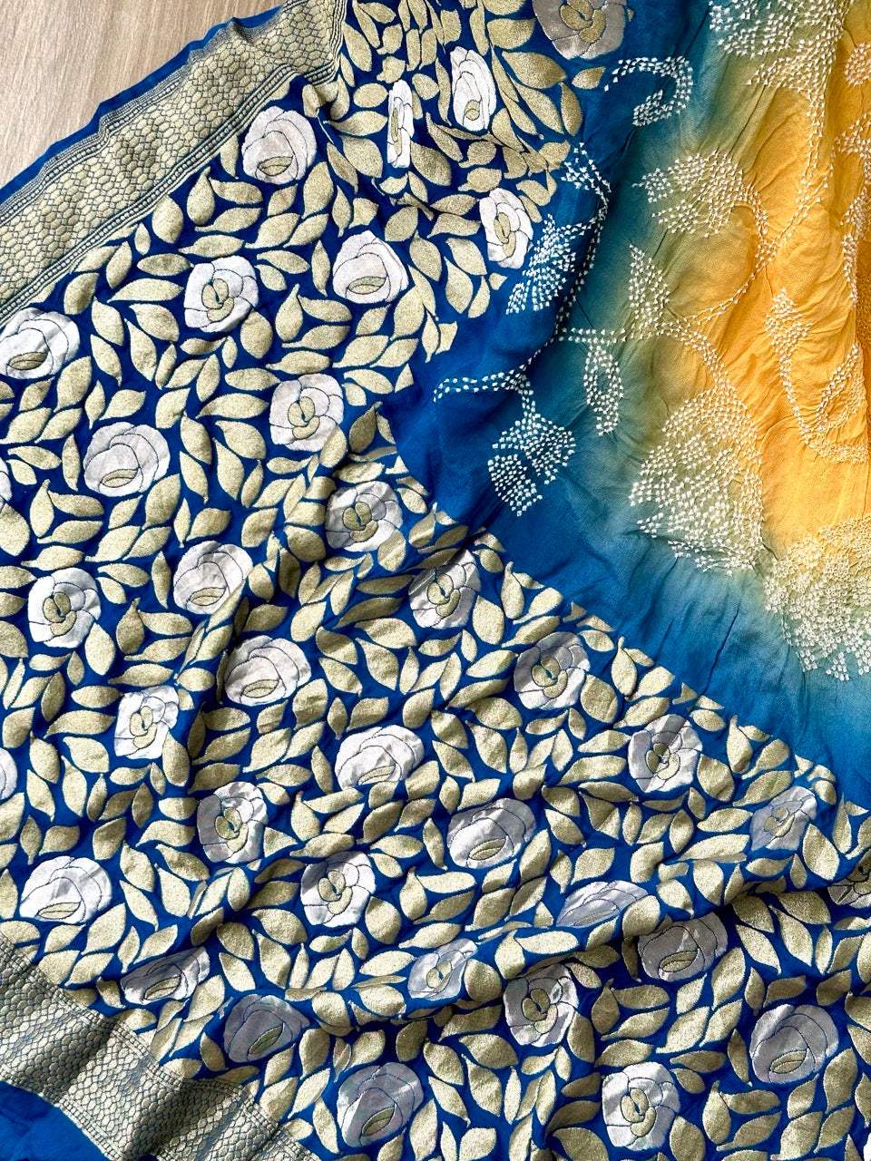Dual Shade Blue and Yellow Exclusive Handloom Pure Banarsi Georgette Bandhani Saree