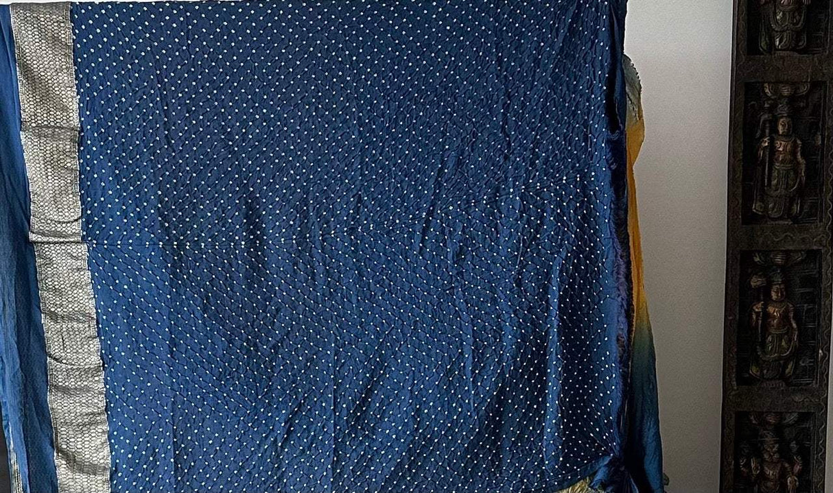 Dual Shade Blue and Yellow Exclusive Handloom Pure Banarsi Georgette Bandhani Saree