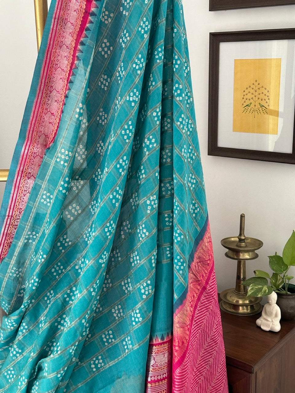 Kuppaddam Pattu (Cotton Silk) Bandhani Saree in Turquoise Colour