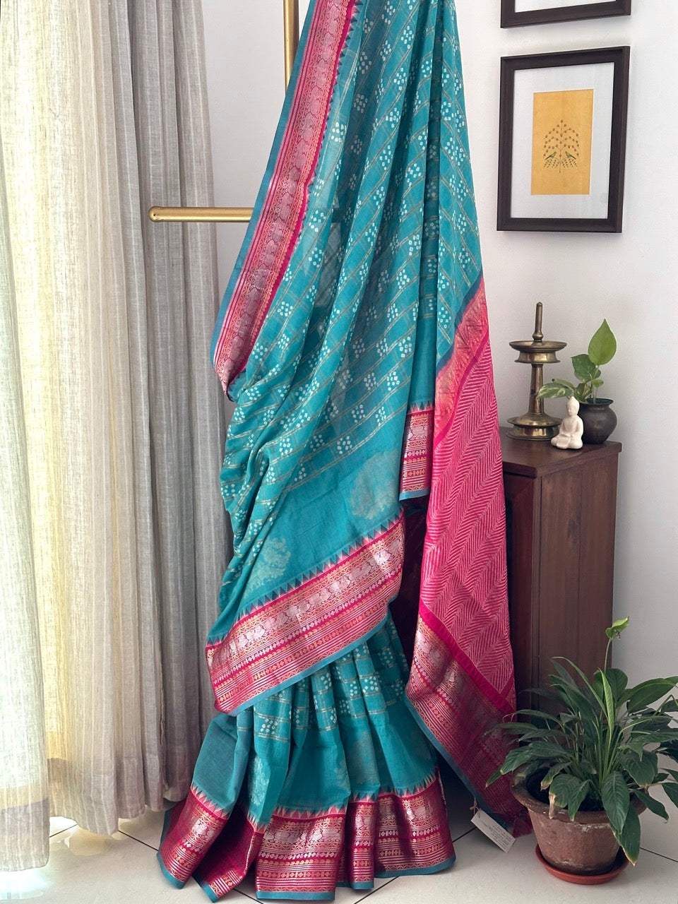 Kuppaddam Pattu (Cotton Silk) Bandhani Saree in Turquoise Colour