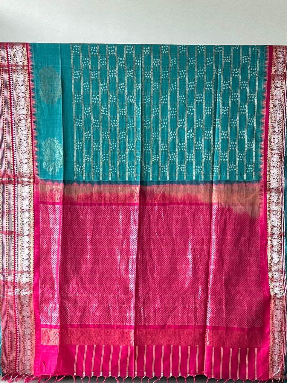 Kuppaddam Pattu (Cotton Silk) Bandhani Saree in Turquoise Colour