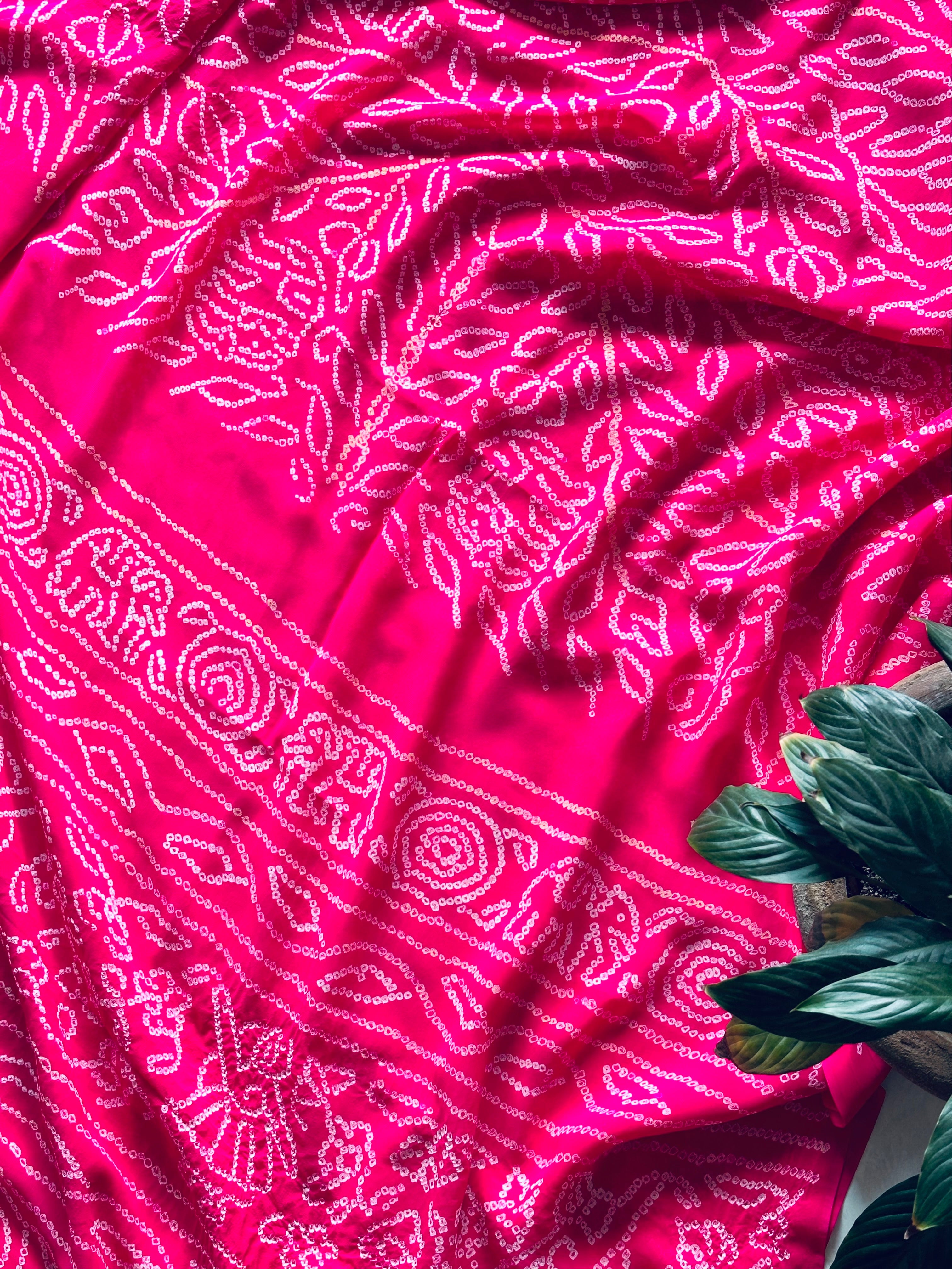 Amba Daal Pink Pure Banarsee georgette Rai bandhani saree