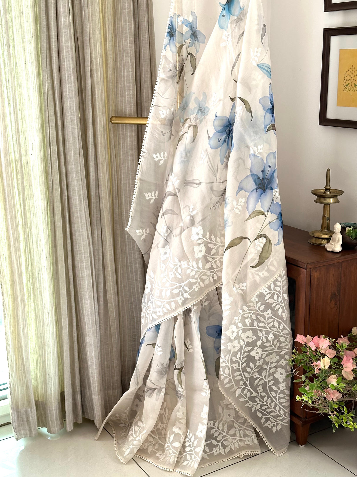 Organza Silk Printed Saree with Machine Embroidery