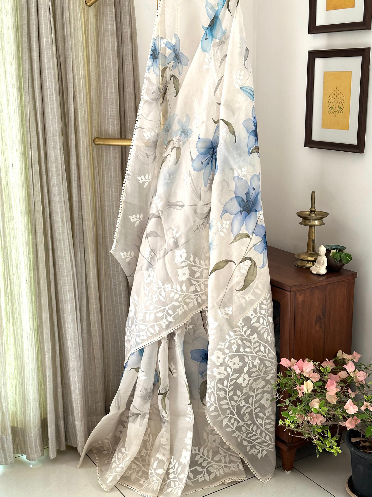 Organza Silk Printed Saree with Machine Embroidery
