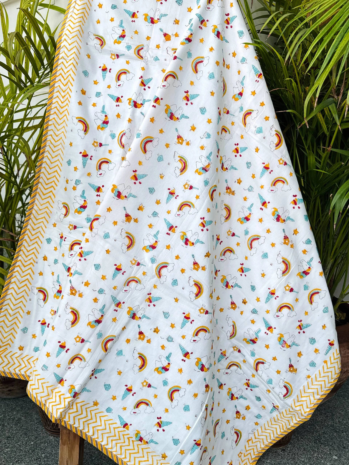 Rainbow Unicorn & Stars Handblock Printed Kids Cotton Blanket