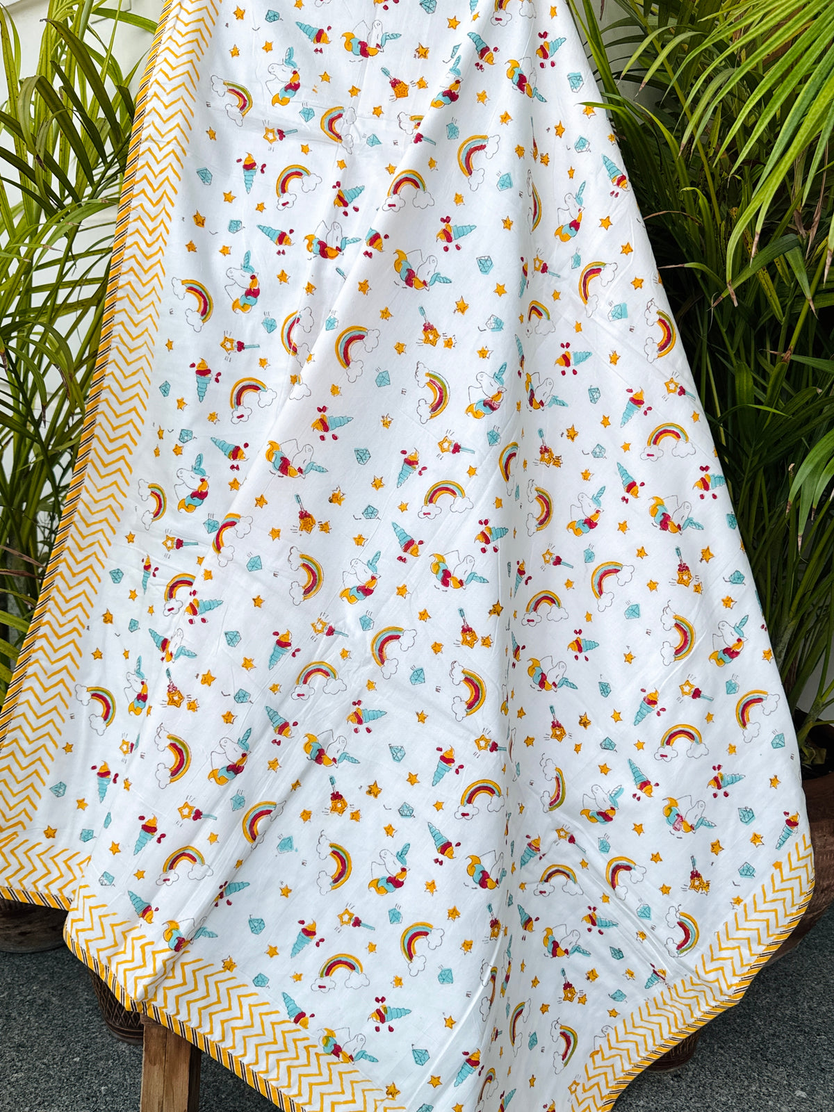 Rainbow Unicorn & Stars Handblock Printed Kids Cotton Dohar