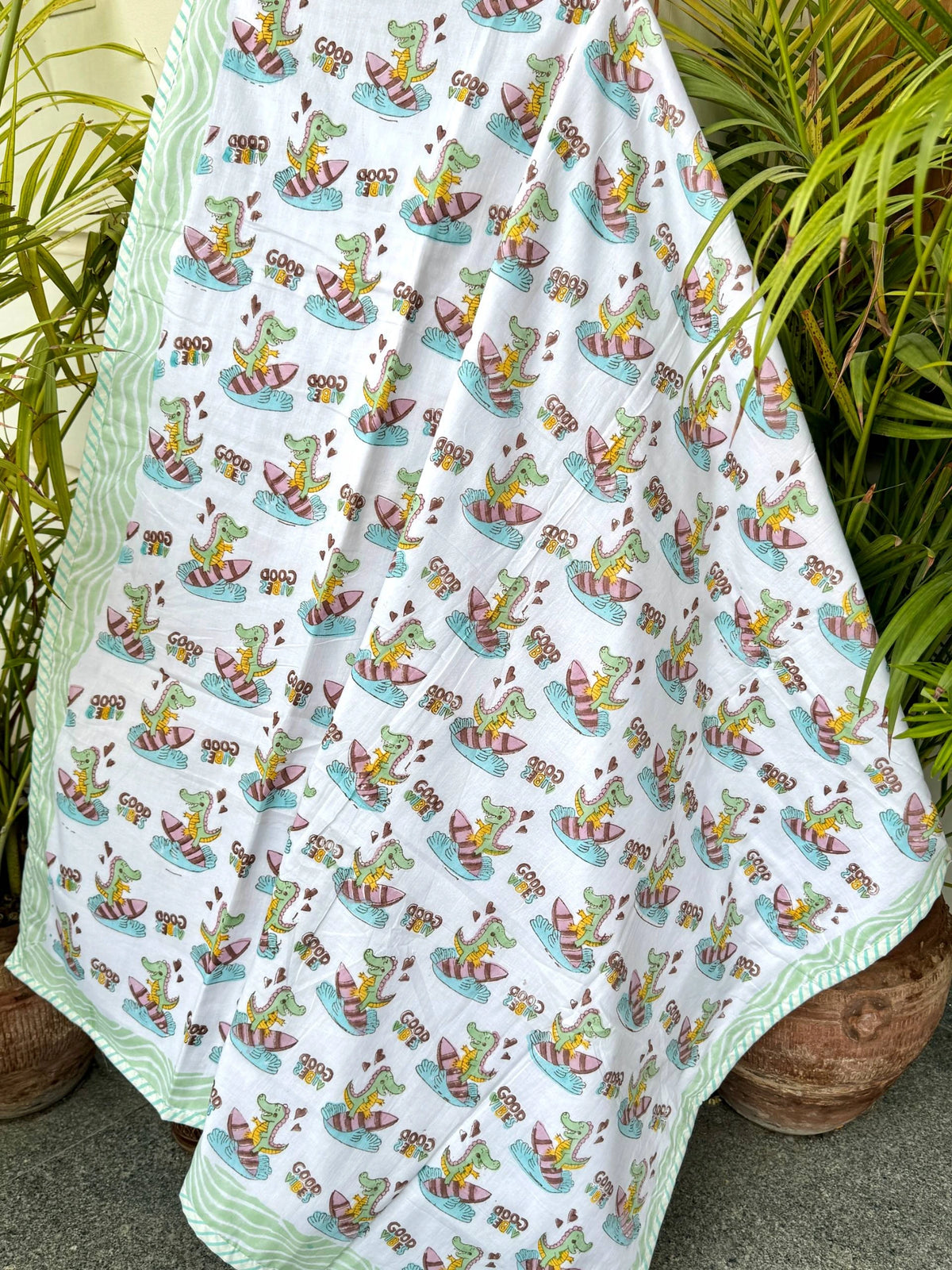Good Vibes Dinosaur Handblock Printed Reversible Kids Cotton Blanket