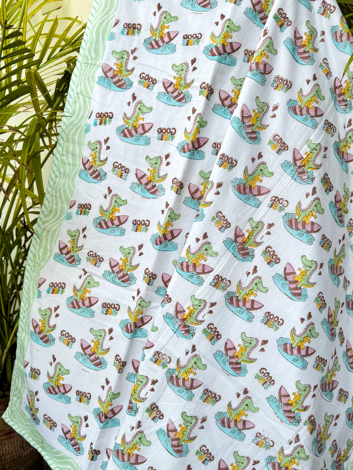 Good Vibes Dinosaur Handblock Printed Reversible Kids Cotton Blanket