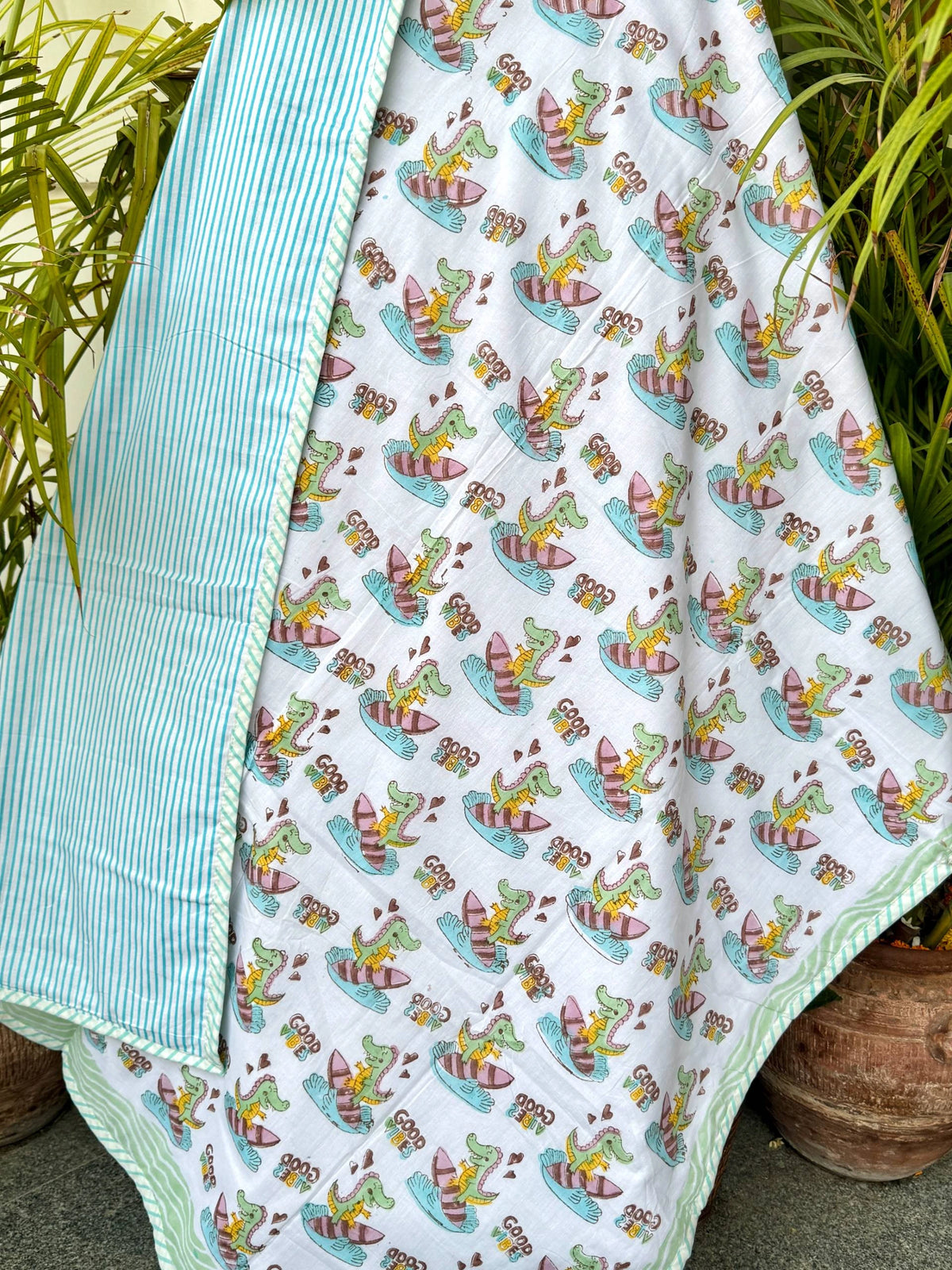 Good Vibes Dinosaur Handblock Printed Reversible Kids Cotton Blanket