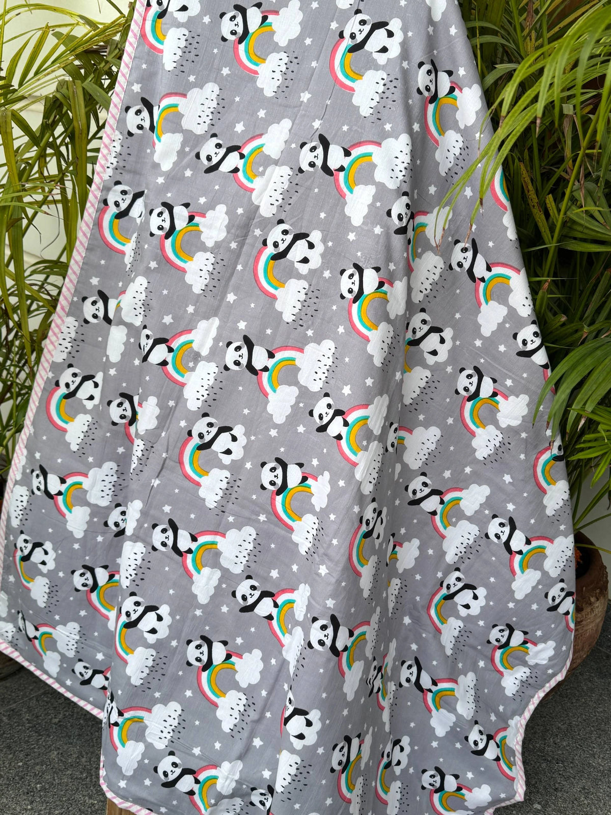 Grey Panda Rainbow Reversible Kids Cotton Blanket