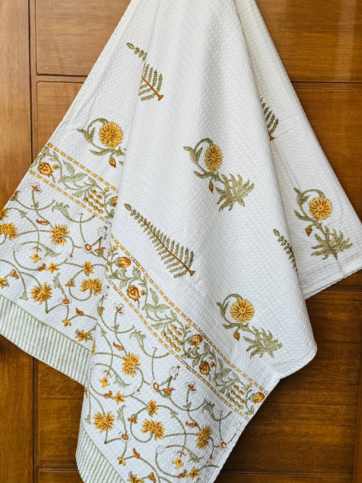 Golden Fern Handblock Printed Waffle Weave Cotton Towel Set (1 Bath, 2 Hand)