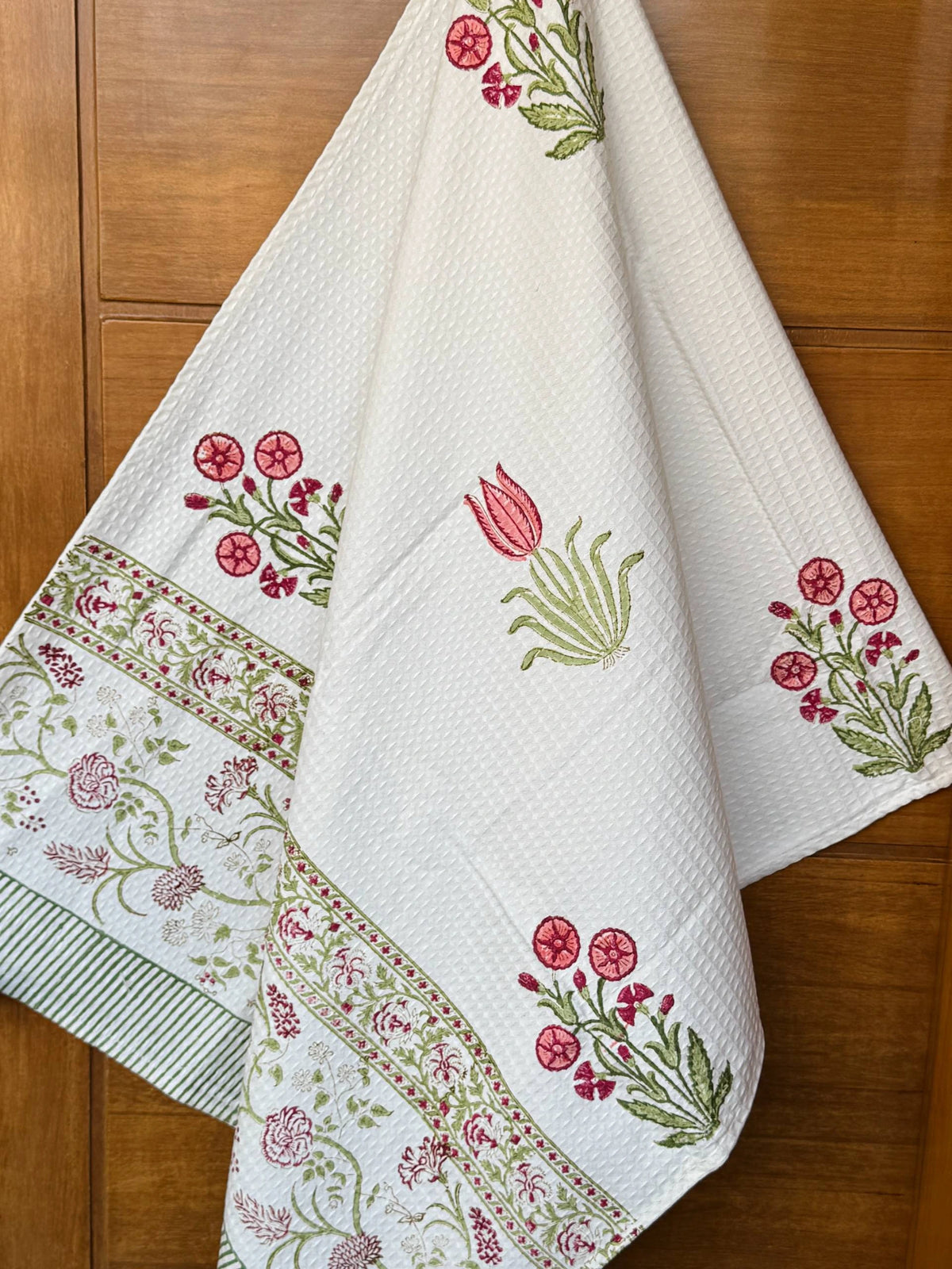 Tulip Garden Handblock Printed Waffle Weave Cotton Towel Set (1 Bath, 2 Hand)