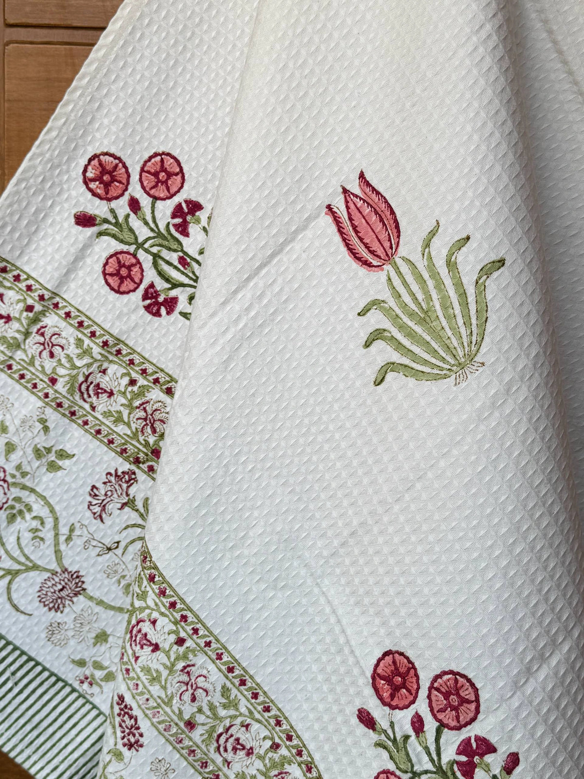 Tulip Garden Handblock Printed Waffle Weave Cotton Towel Set (1 Bath, 2 Hand)