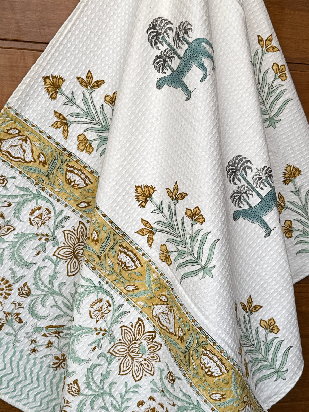 Tiger Grove Handblock Printed Waffle Weave Cotton Towel Set (1 Bath, 2 Hand)