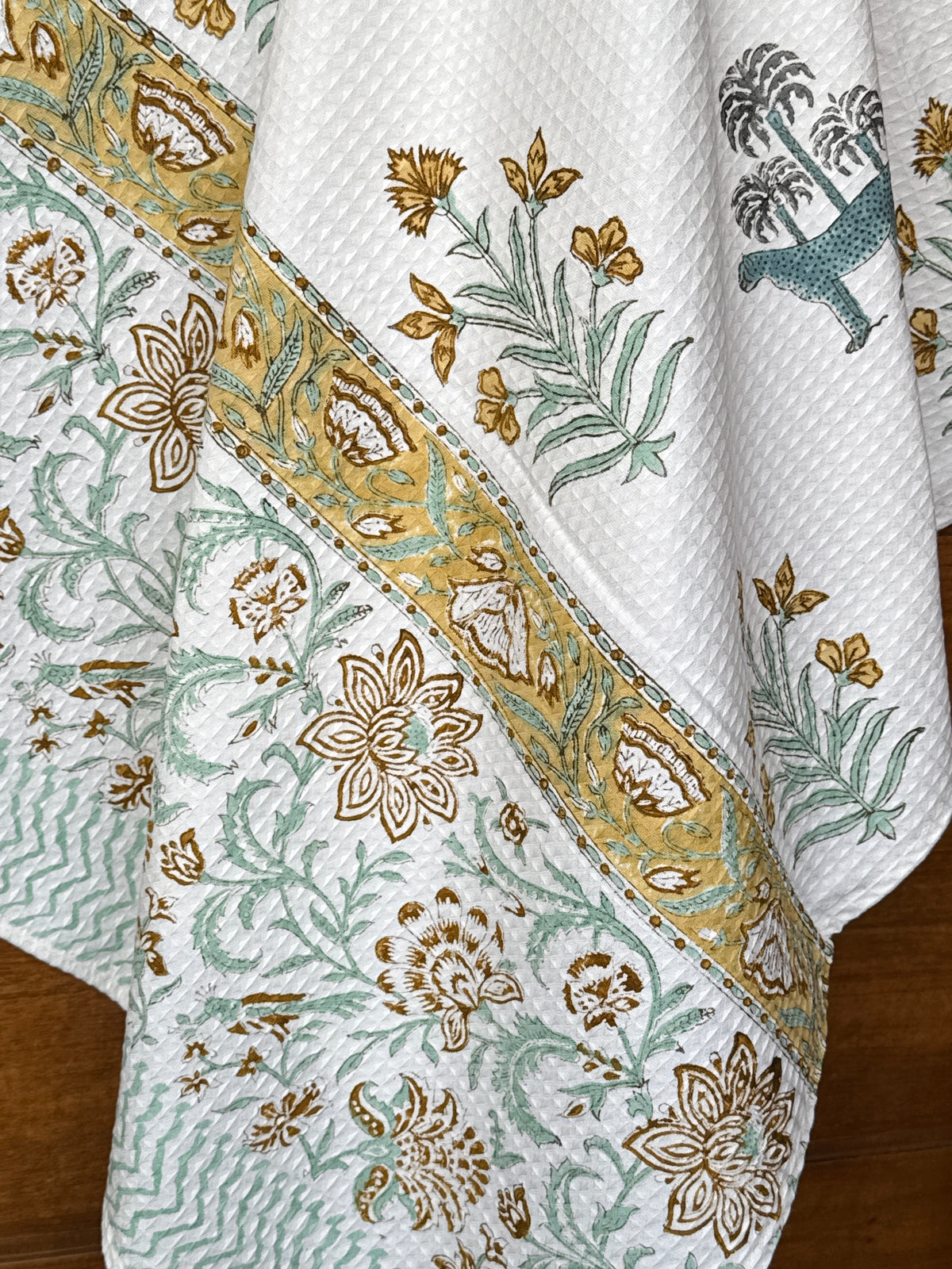 Tiger Grove Handblock Printed Waffle Weave Cotton Towel Set (1 Bath, 2 Hand)