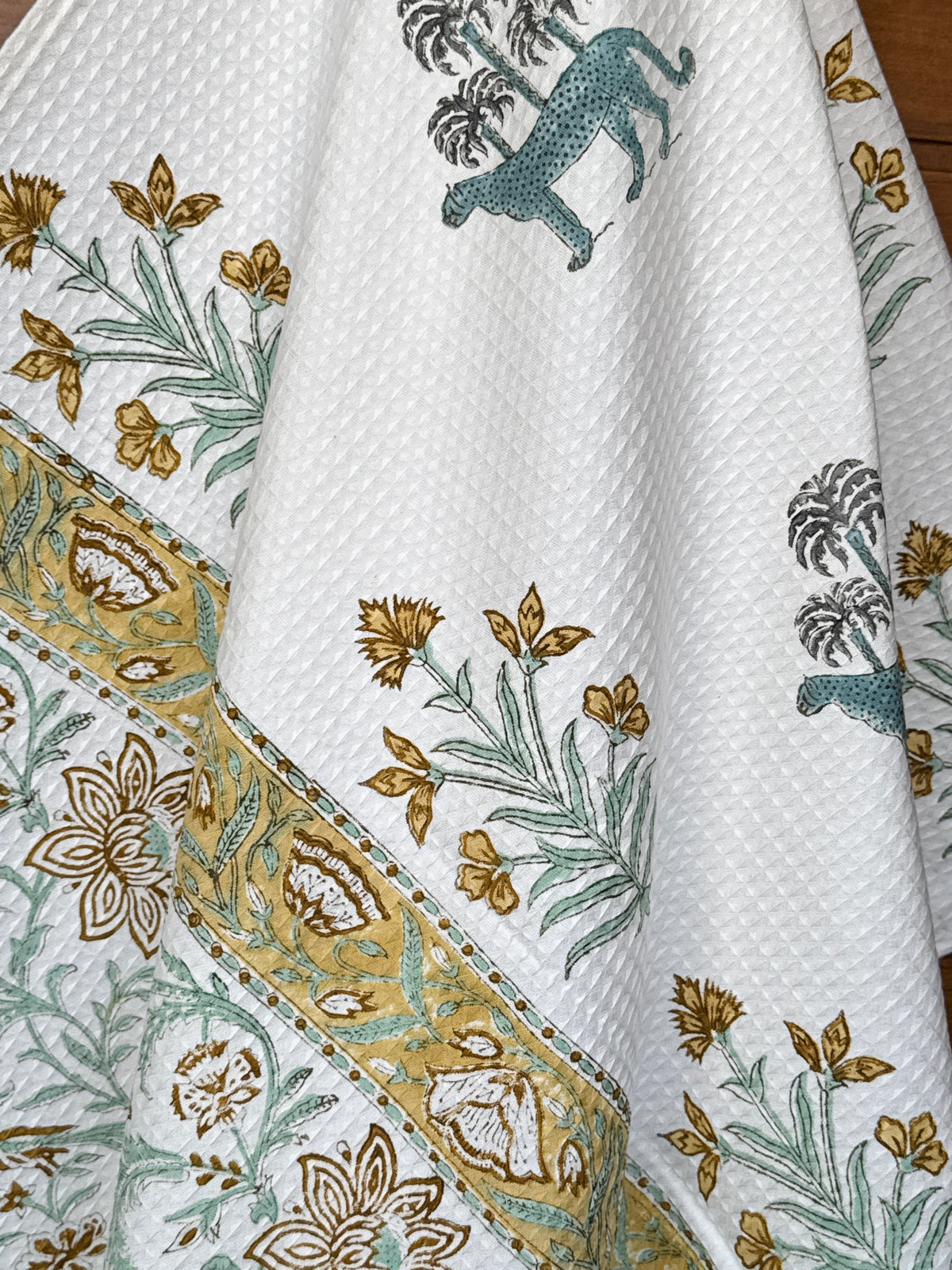 Tiger Grove Handblock Printed Waffle Weave Cotton Towel Set (1 Bath, 2 Hand)