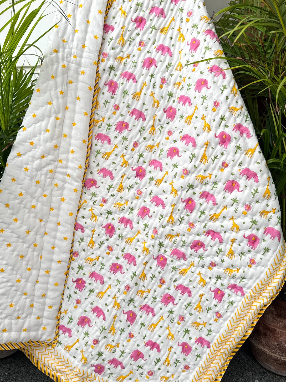 Pink Elephant & Giraffe Reversible Layered Kids Quilt