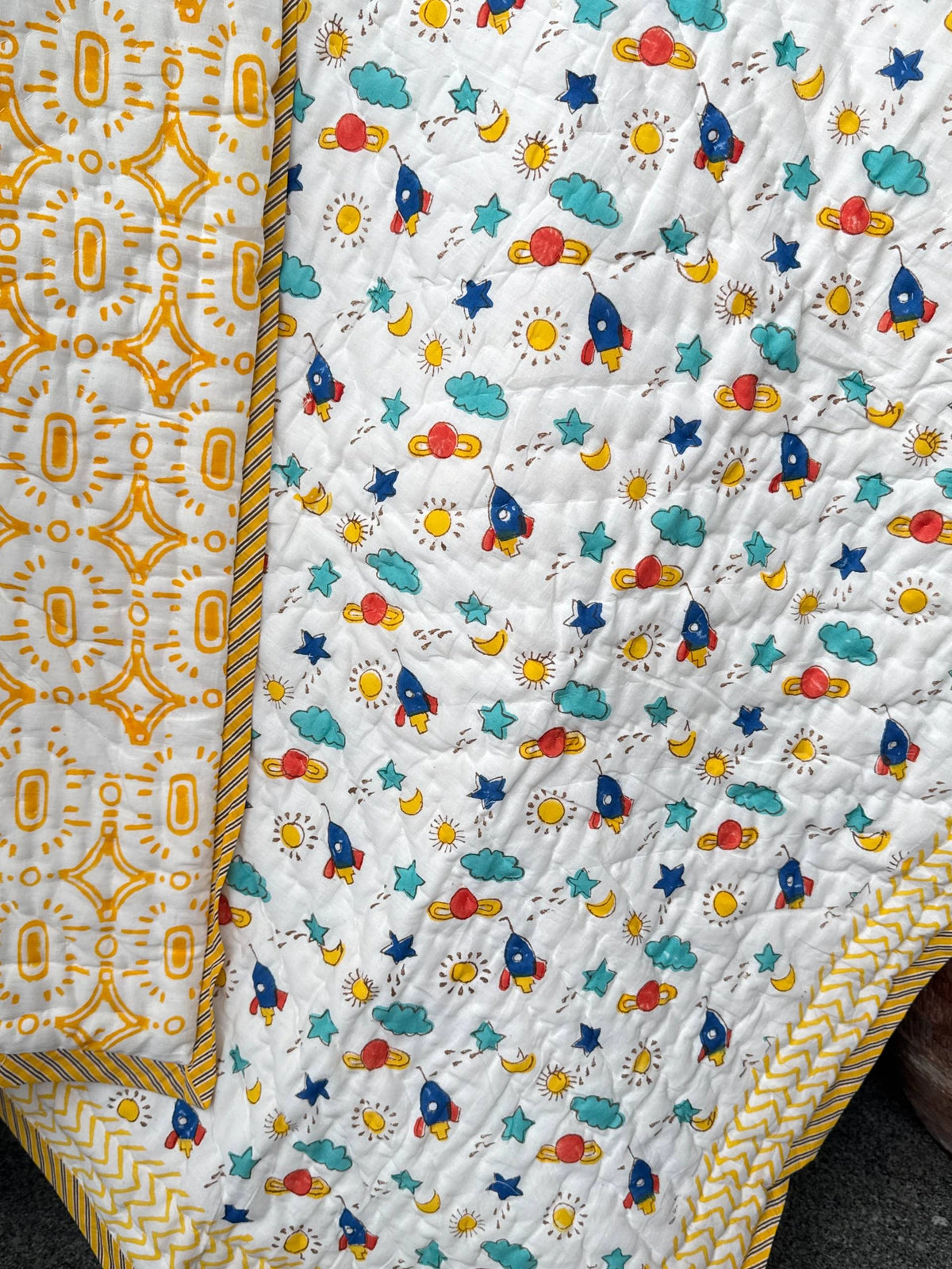 Space Explorer Handblock Printed Layered Kids Quilt
