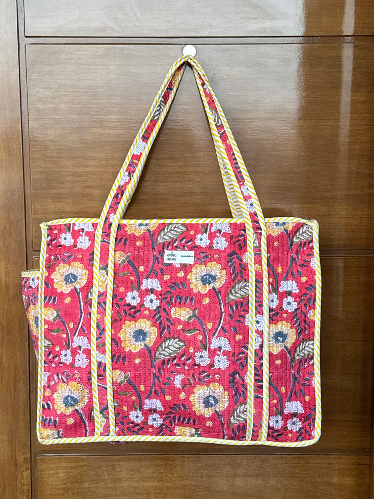 Stylish Red Floral Block Print | Handcrafted Tote Bag