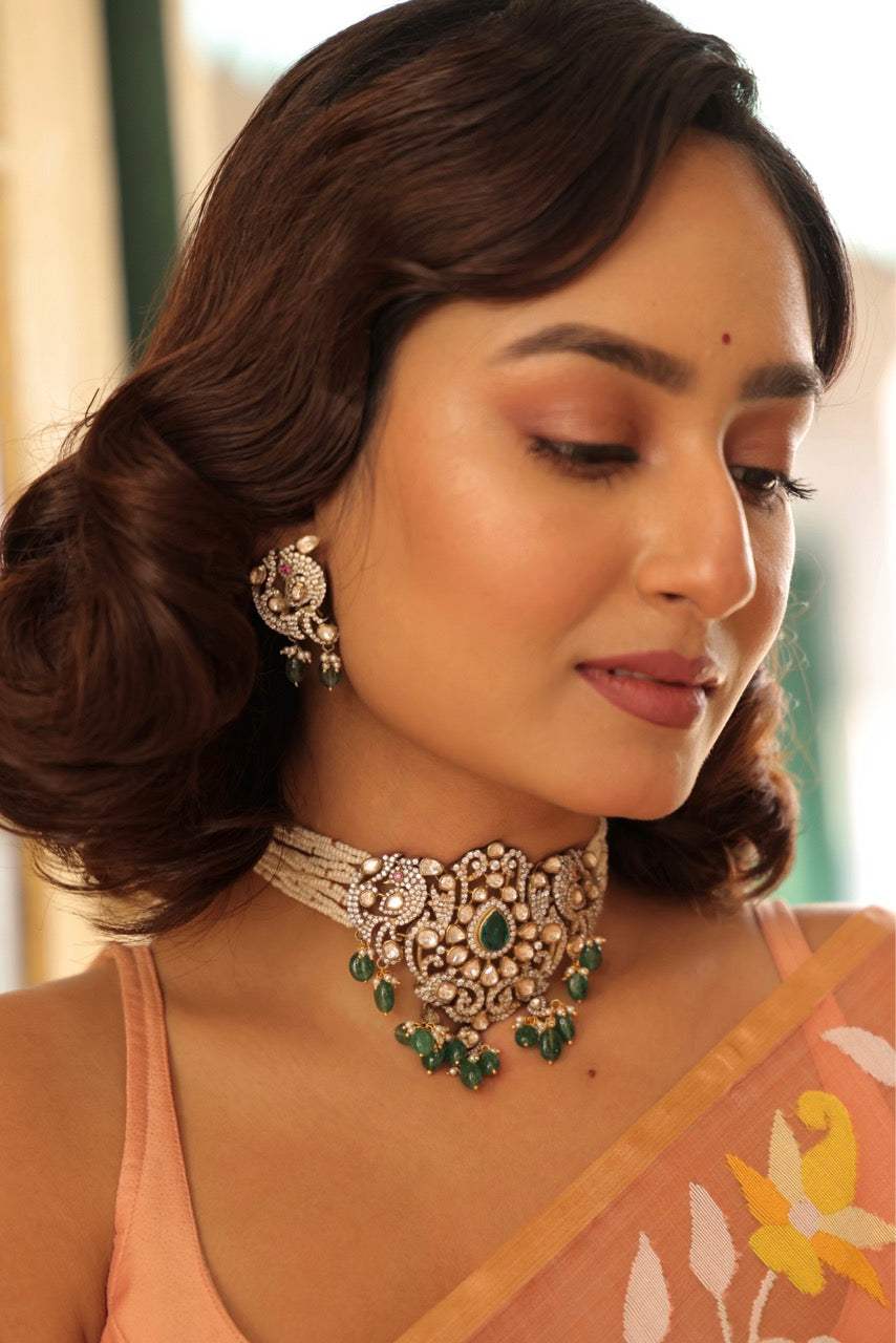 Victorian Finish Handcrafted 92.5 Silver Moissanite Choker with Earrings