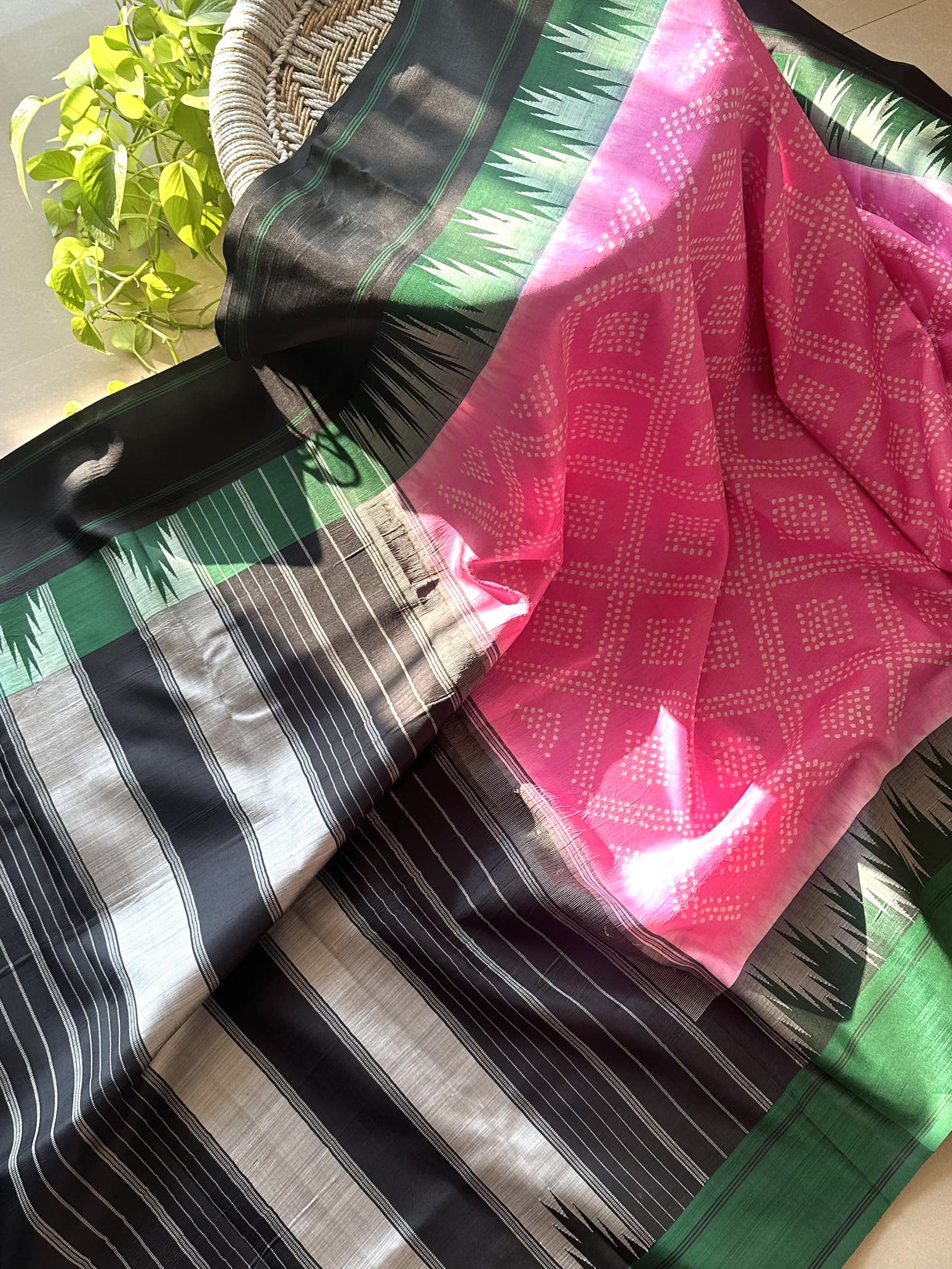 Vibrant Pink Kanjivaram Silk Saree with Green–Black Border