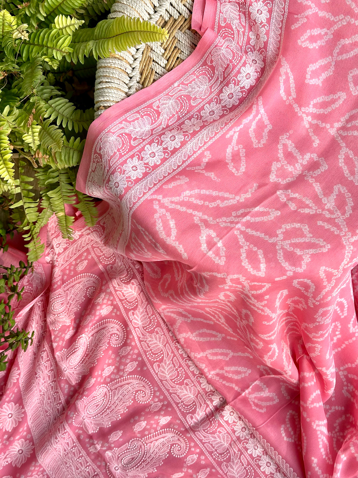 Peachish Pink Georgette Machine Embroidered Bandhani Saree
