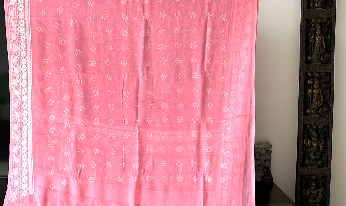 Peachish Pink Georgette Machine Embroidered Bandhani Saree