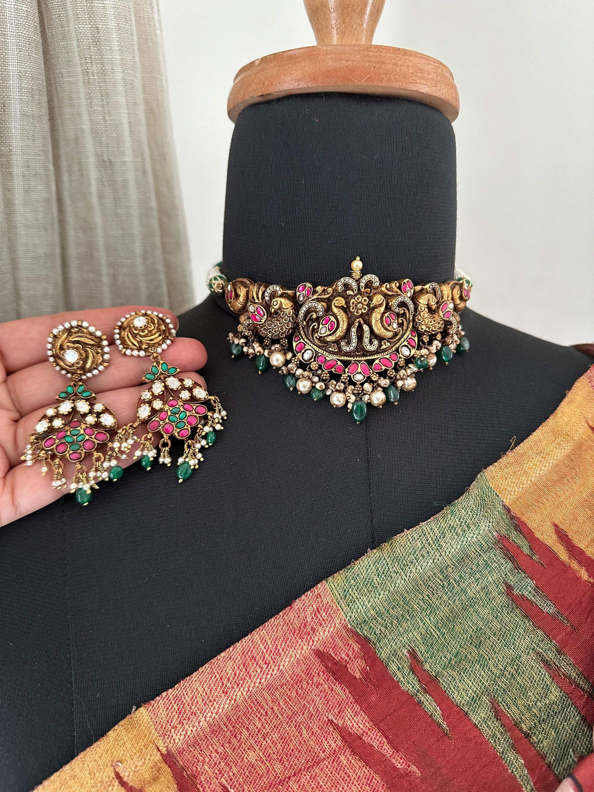 Peacock Theme Handcrafted 92.5 Silver Temple Necklace and Earrings