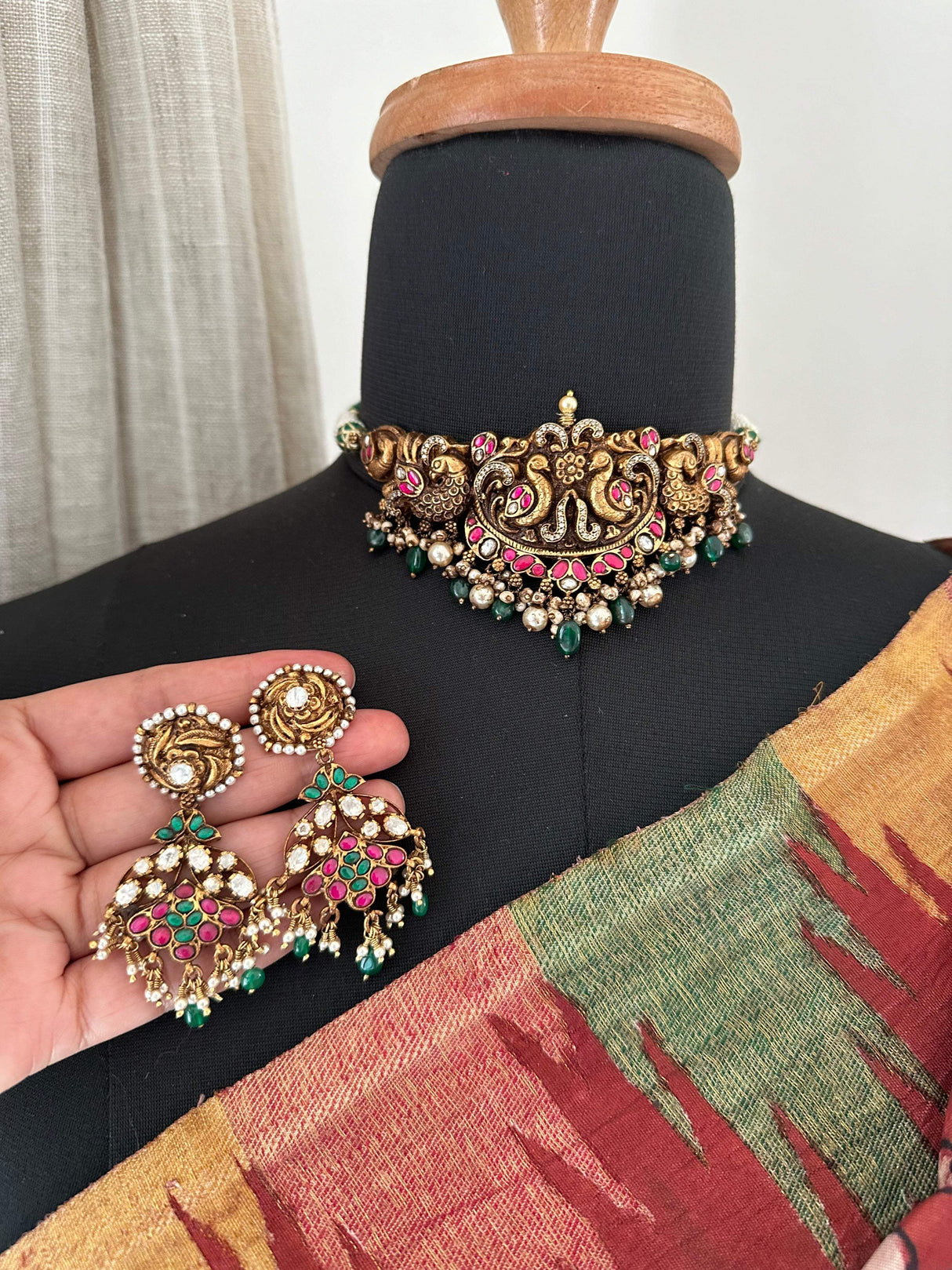 Peacock Theme Handcrafted 92.5 Silver Temple Necklace and Earrings