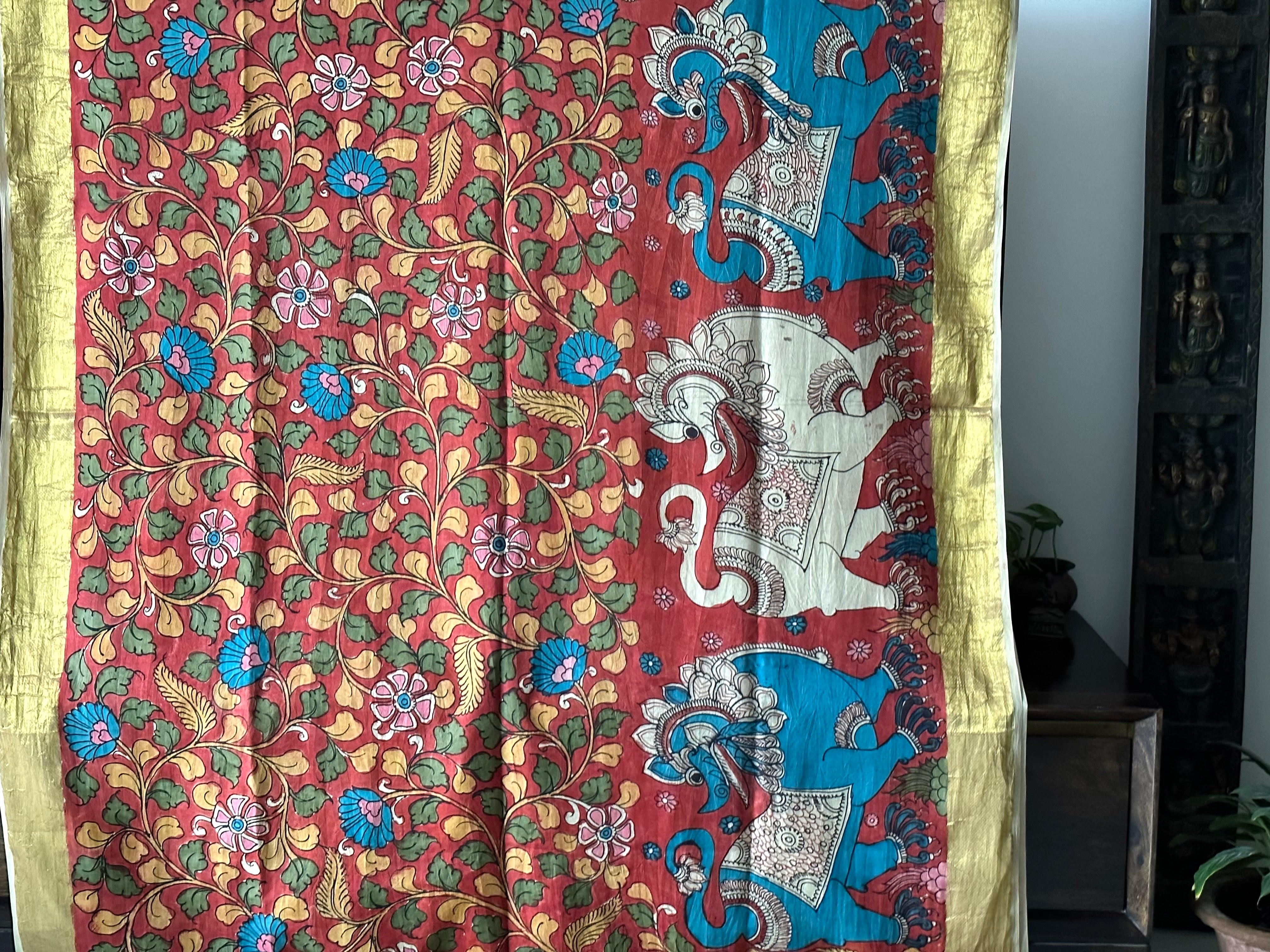 Geru Colour Base Yali Theme Pure Silk Kanchipattu Kalamkari Saree