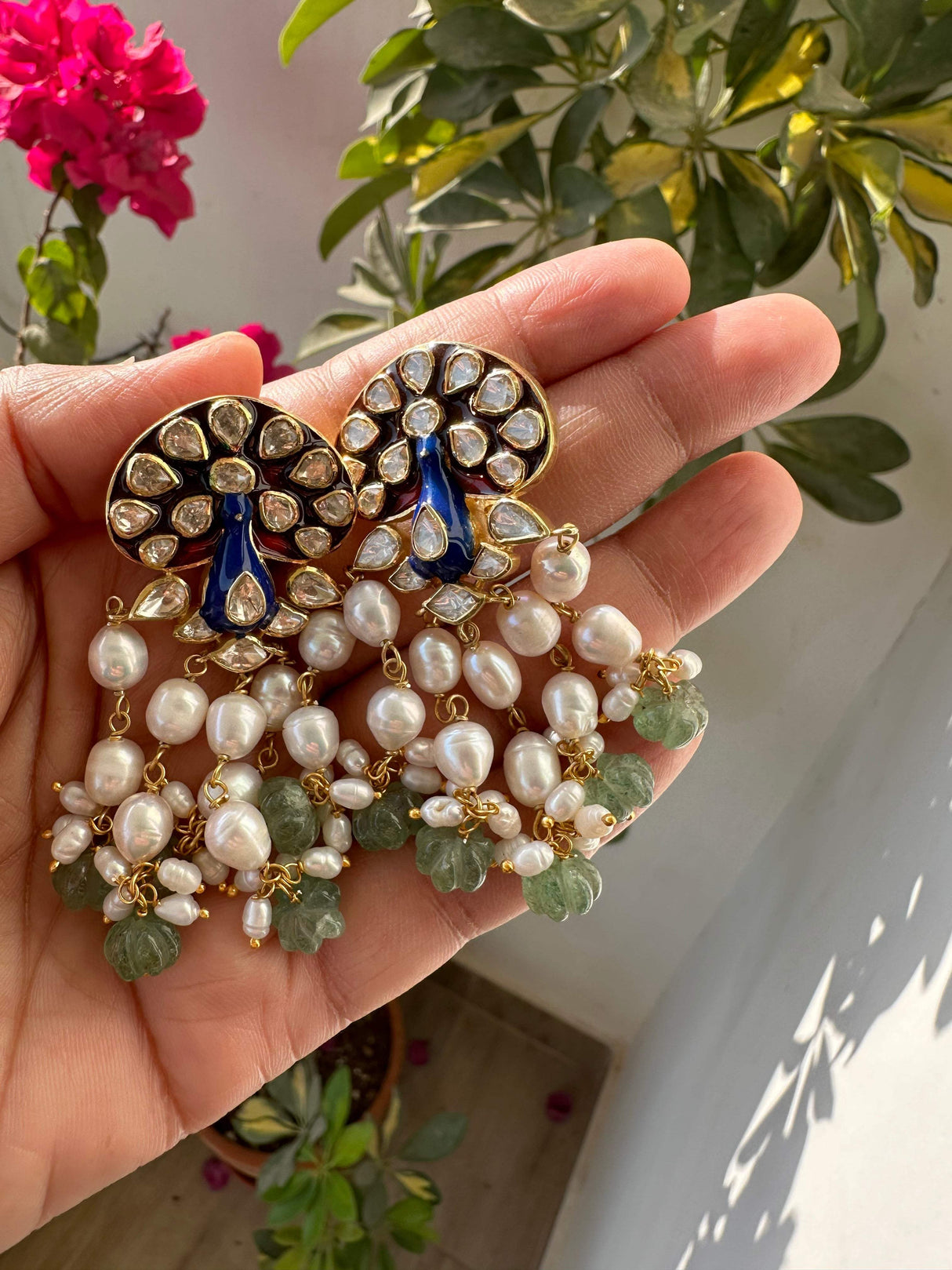 Peacock Theme Red & Blue Handcrafted 92.5 Silver Meenakari Earrings