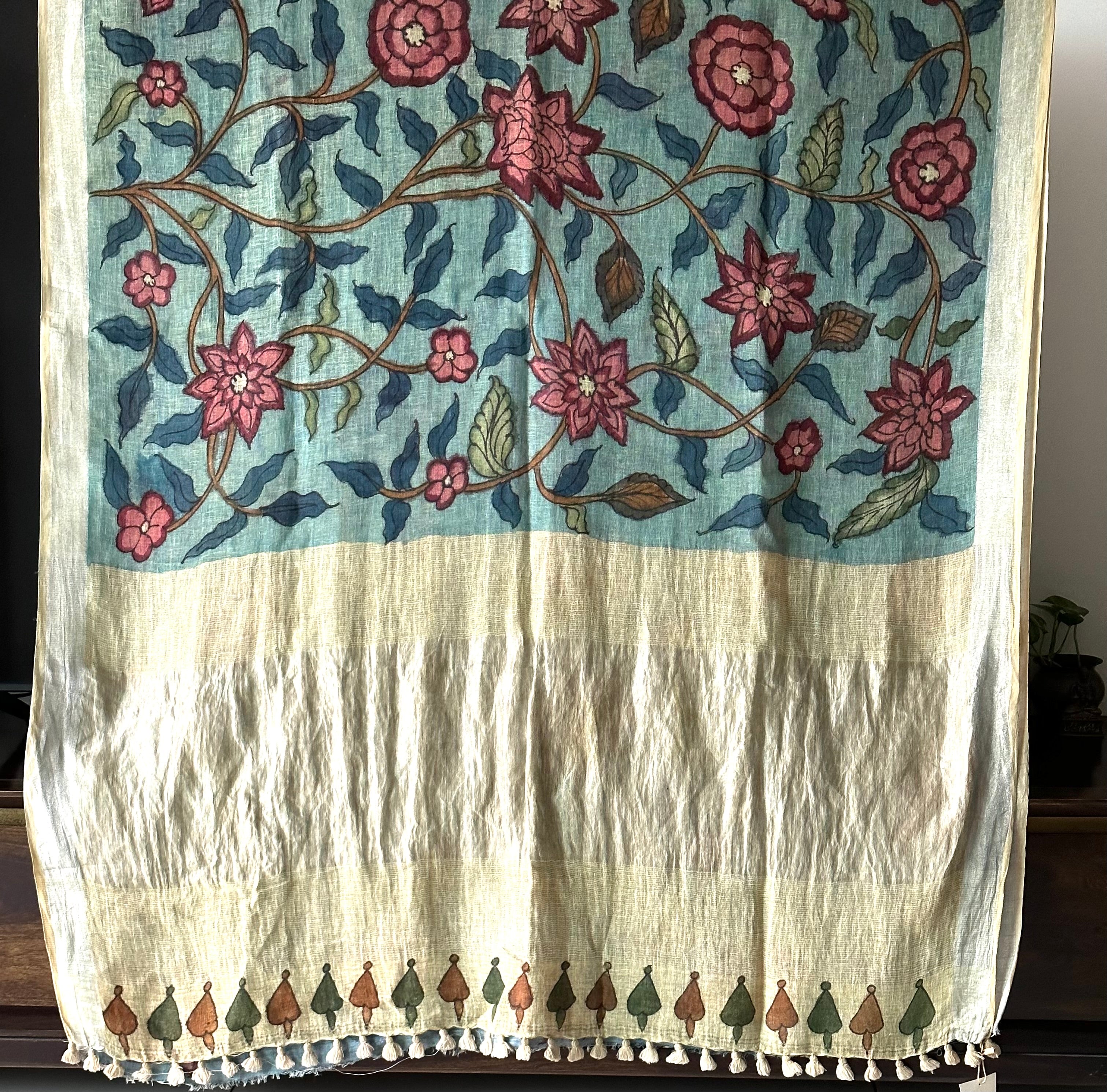 Blue Floral Handloom Linen Kalamkari Saree