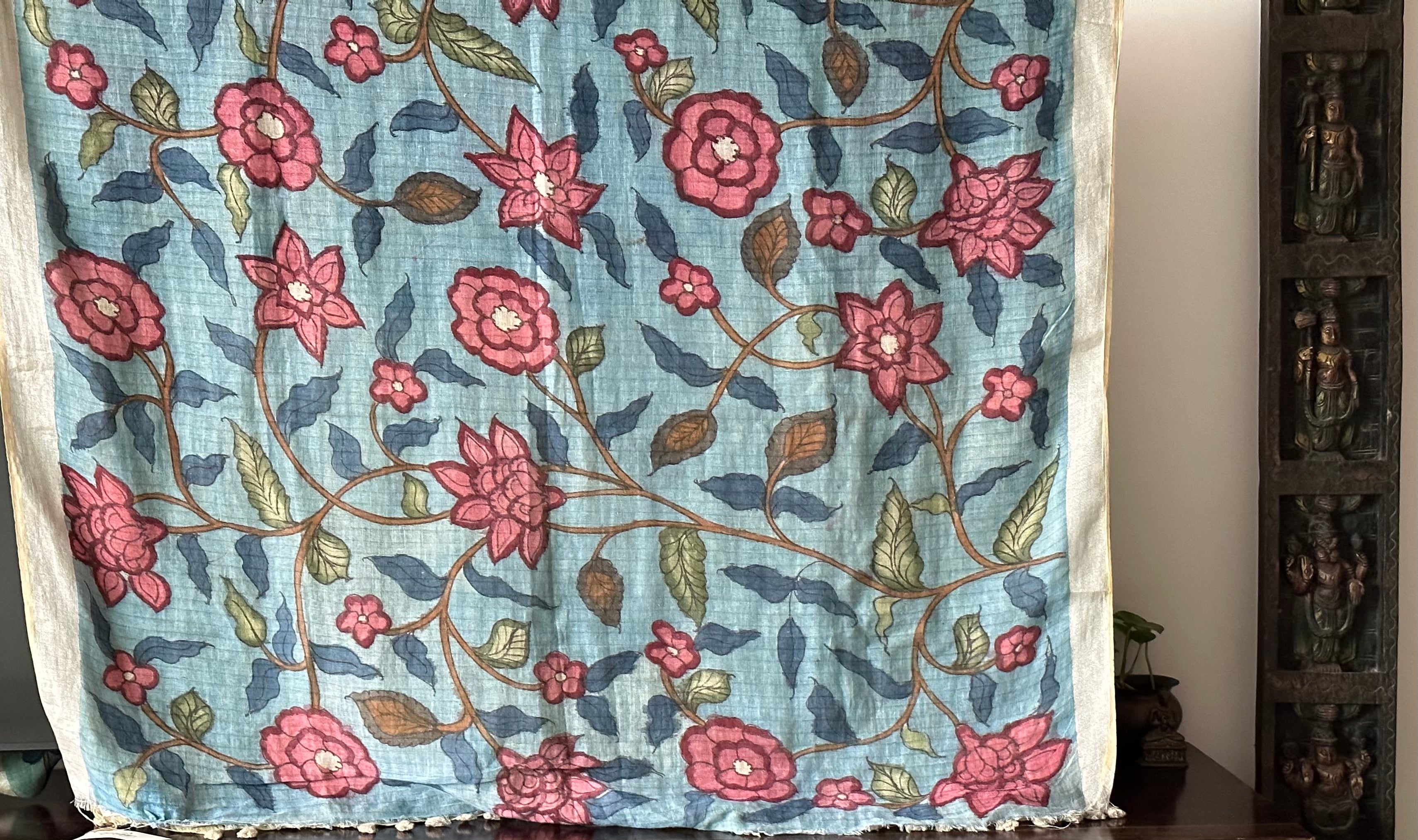 Blue Floral Handloom Linen Kalamkari Saree