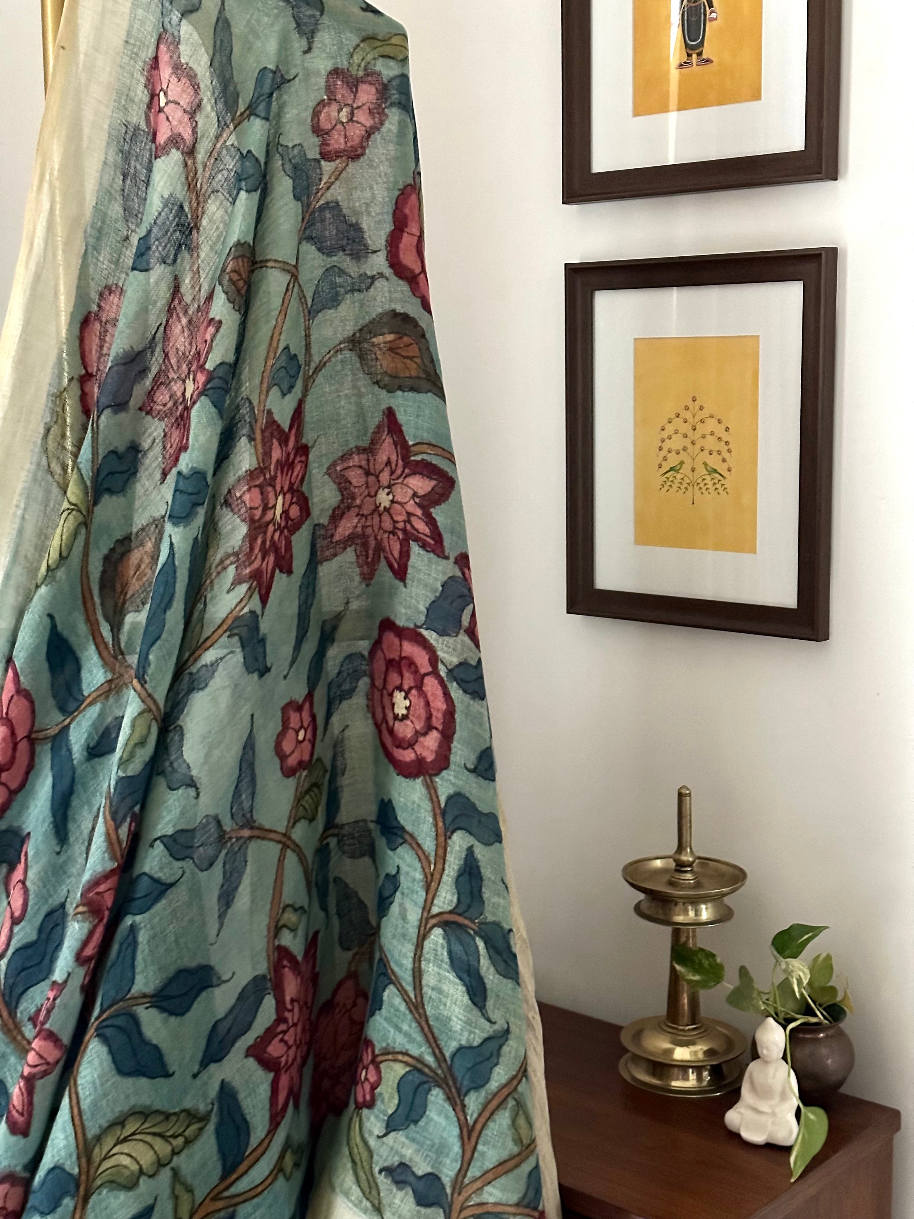 Blue Floral Handloom Linen Kalamkari Saree