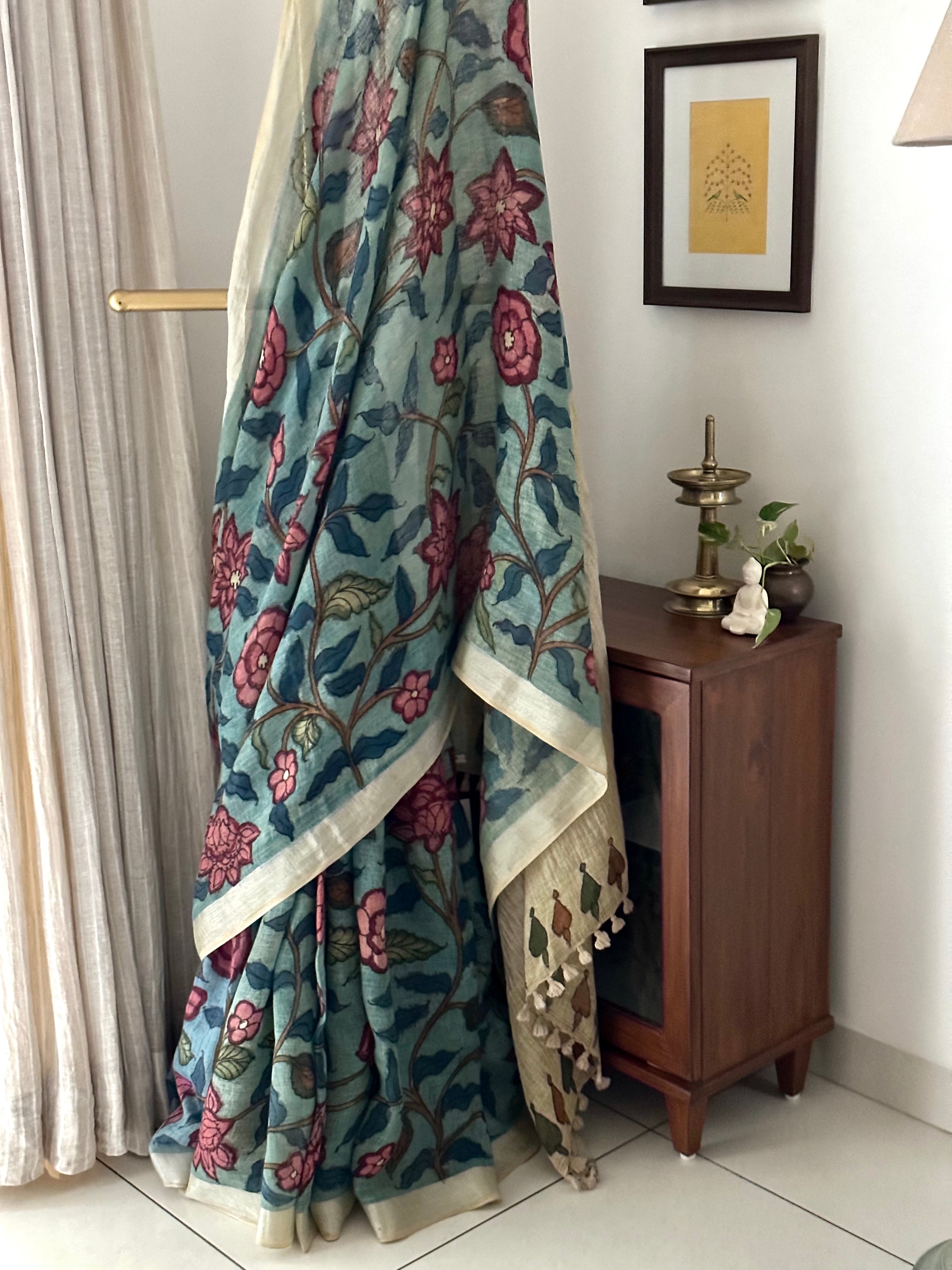 Blue Floral Handloom Linen Kalamkari Saree