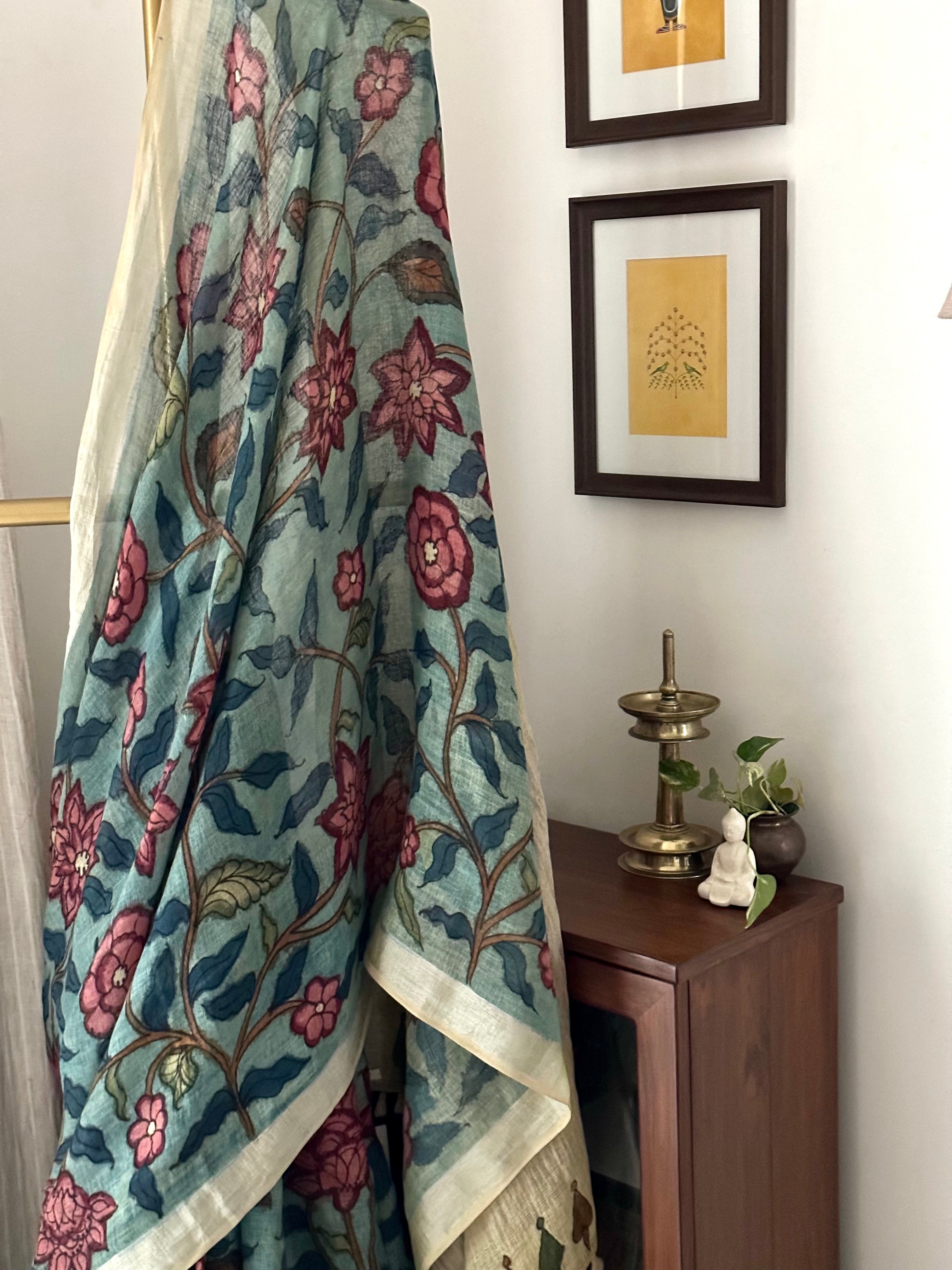 Blue Floral Handloom Linen Kalamkari Saree