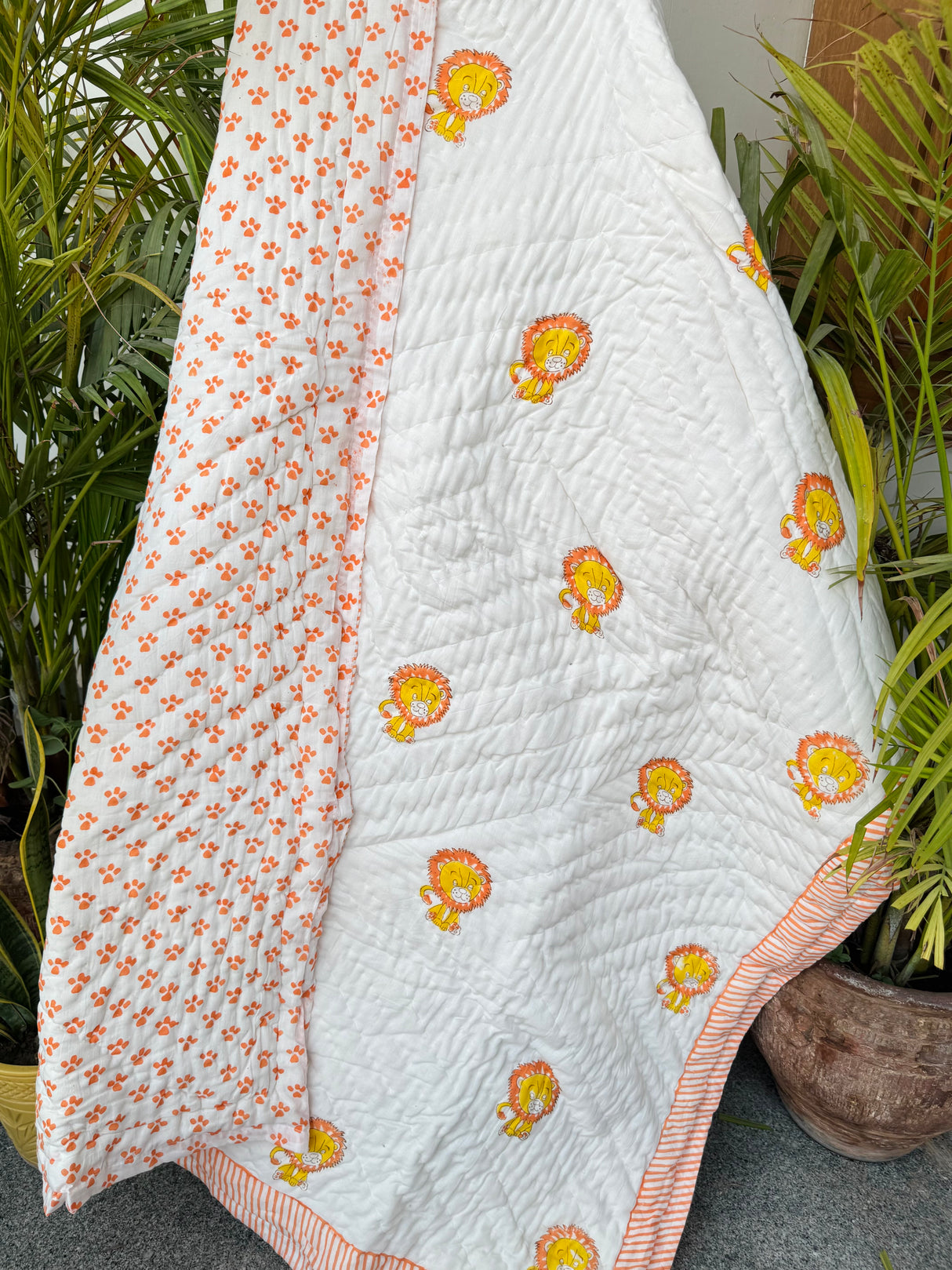 Lion Theme Kids Mulmul Handblock Printed Quilt
