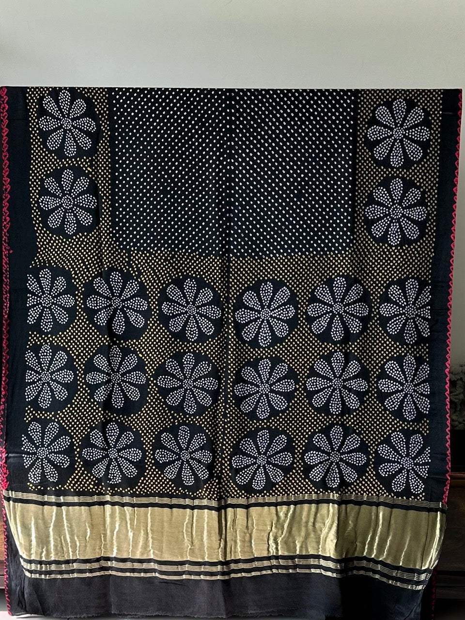 Black Floral Pure Gajji Silk Bandhani Saree