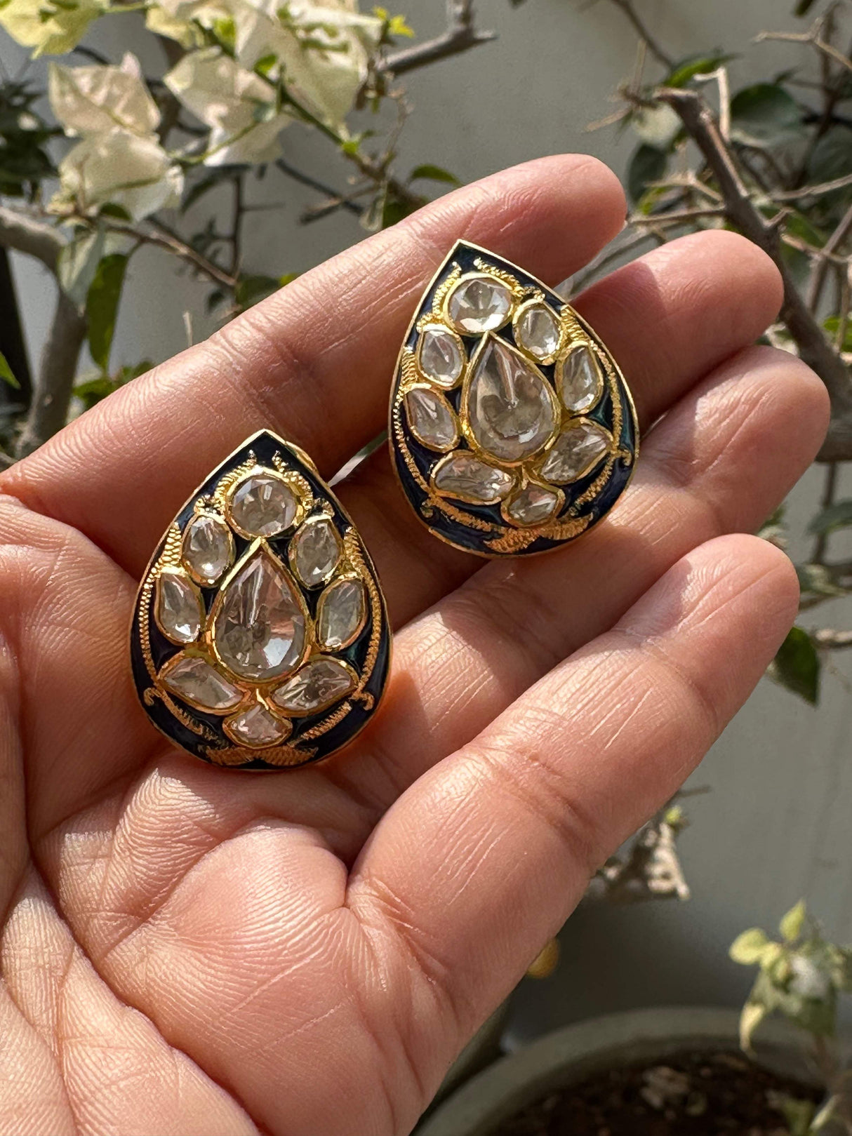 Handcrafted Blue Meenakari Pendant and Earrings Set with Moissanite Polki