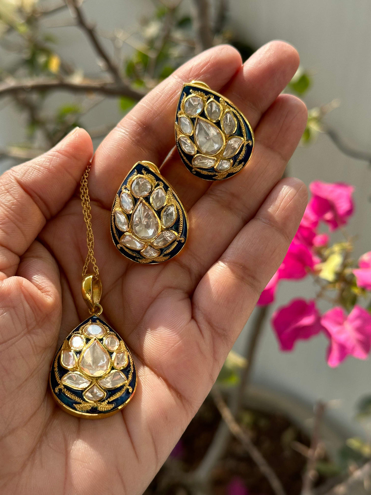 Handcrafted Blue Meenakari Pendant and Earrings Set with Moissanite Polki