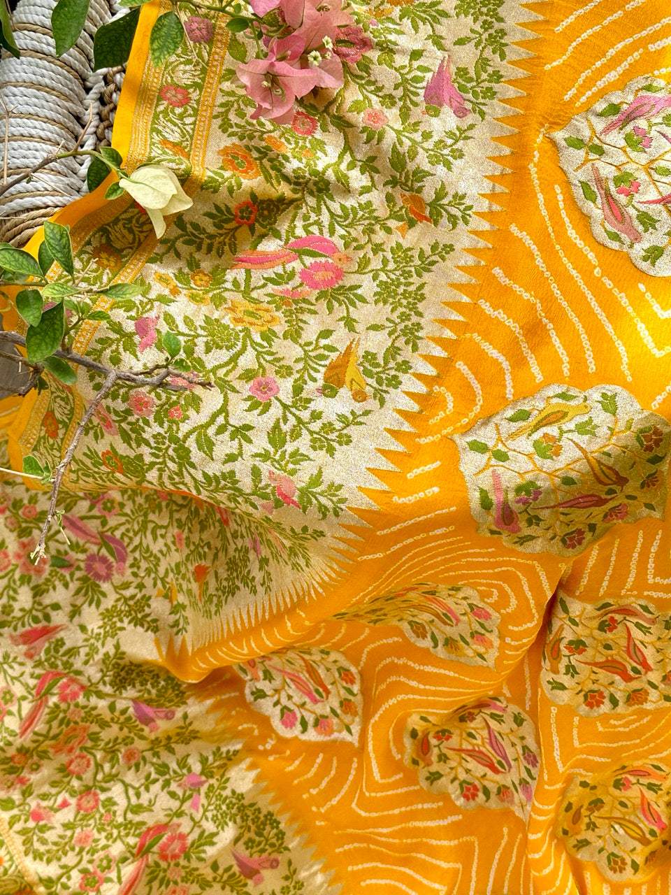Mango Yellow Floral Handloom Pure Banarsi Georgette Bandhani Saree