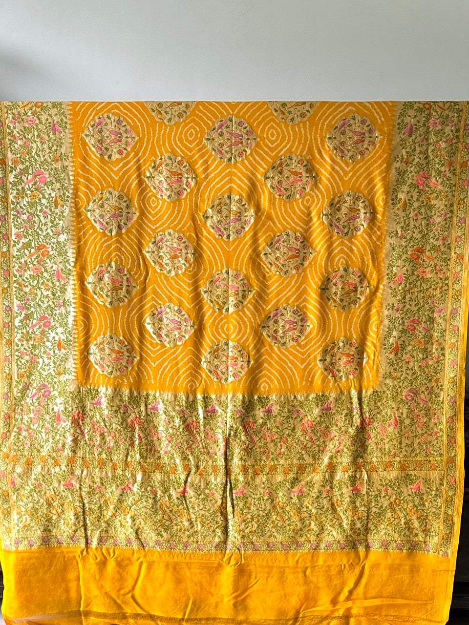Mango Yellow Floral Handloom Pure Banarsi Georgette Bandhani Saree