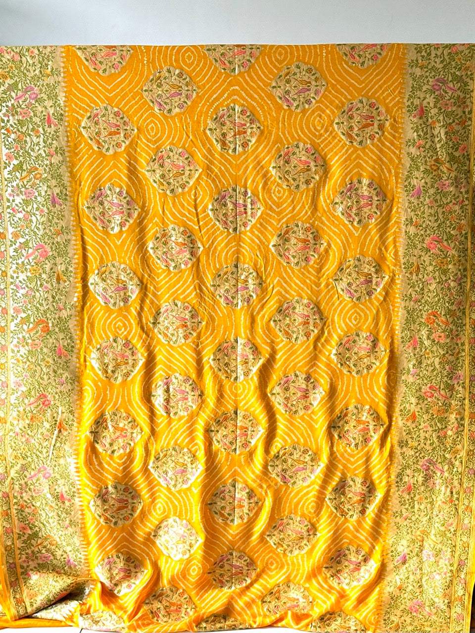 Mango Yellow Floral Handloom Pure Banarsi Georgette Bandhani Saree