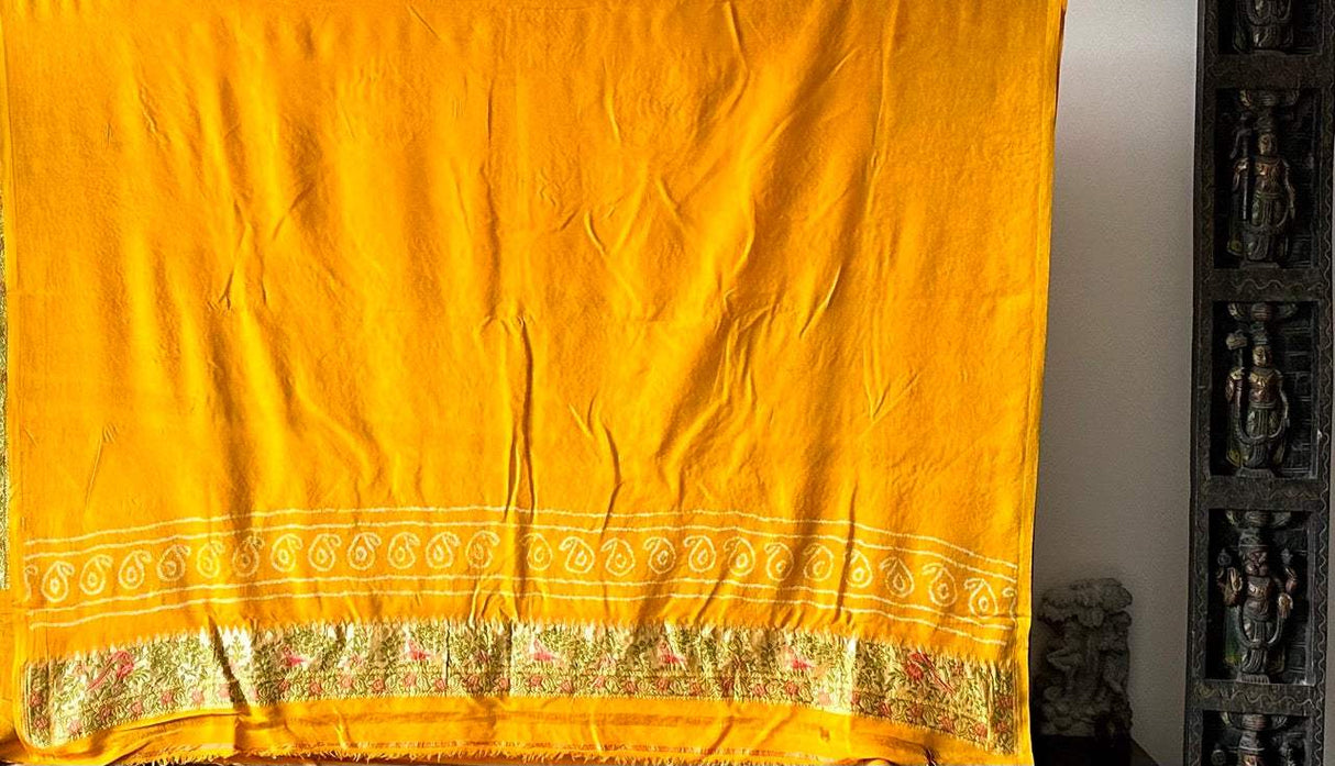 Mango Yellow Floral Handloom Pure Banarsi Georgette Bandhani Saree