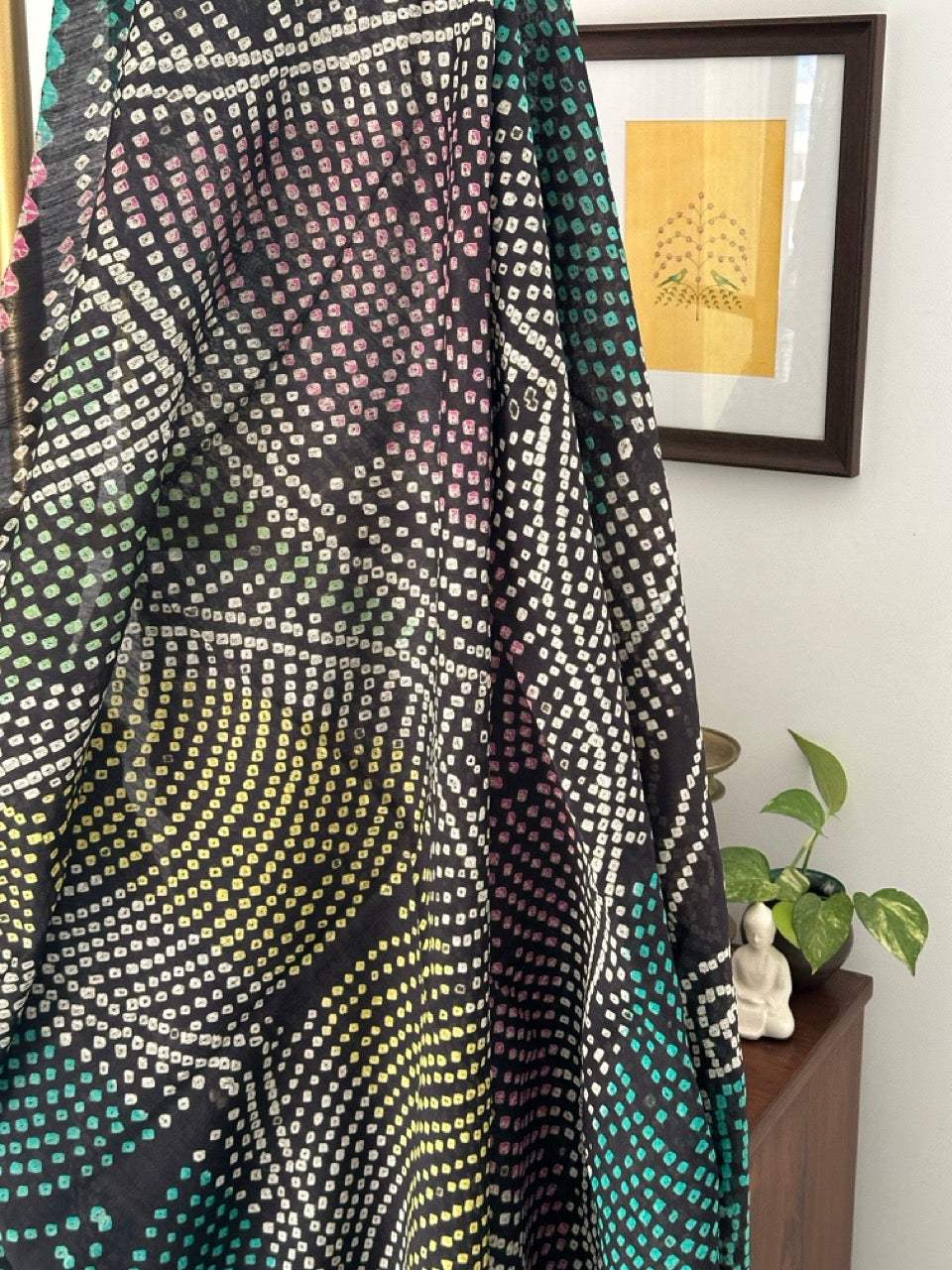 Black Floral Pure Munga Silk Bandhani Saree