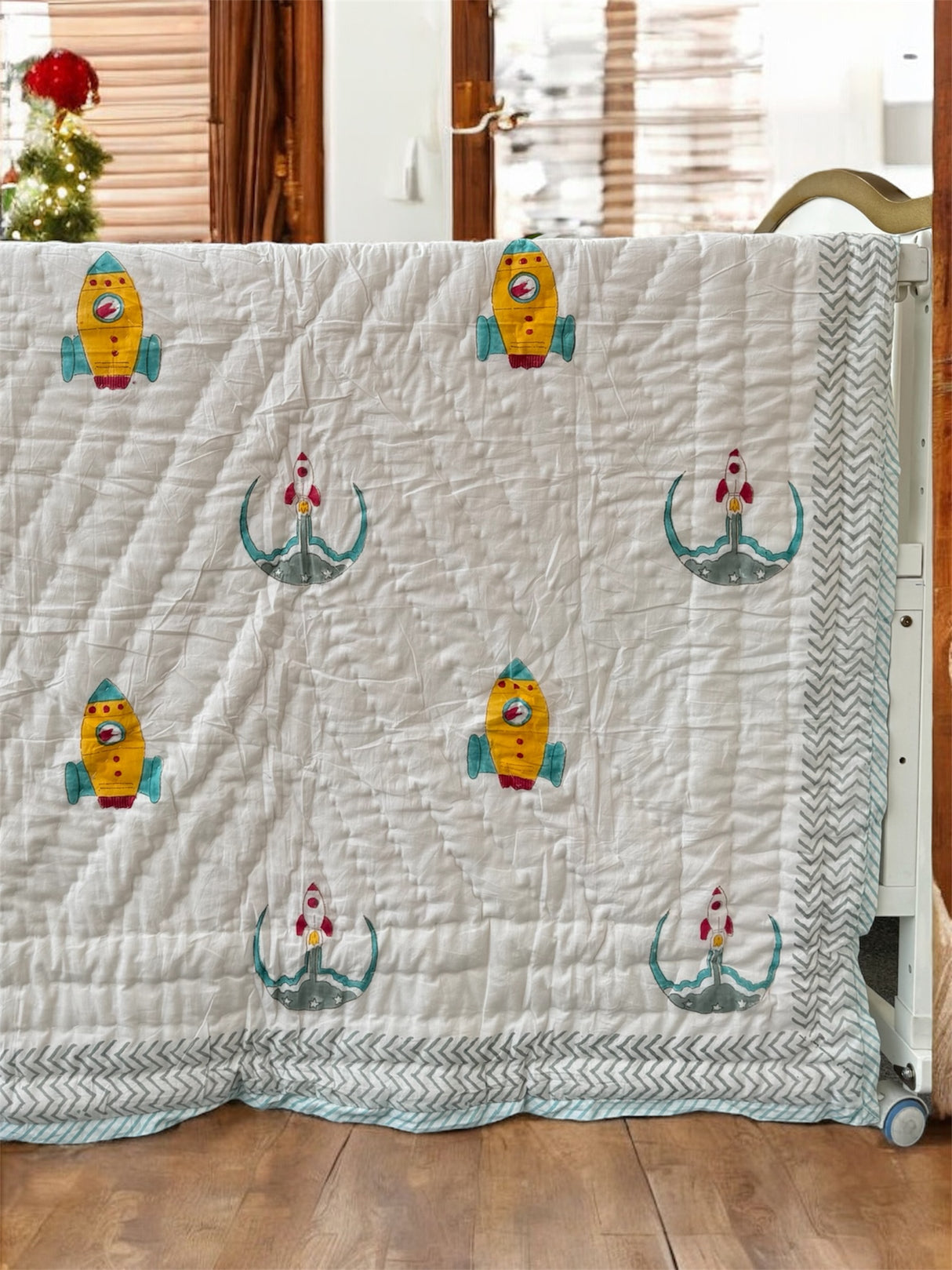 block printed space theme quilt for toddler boys in India loved by UK customers